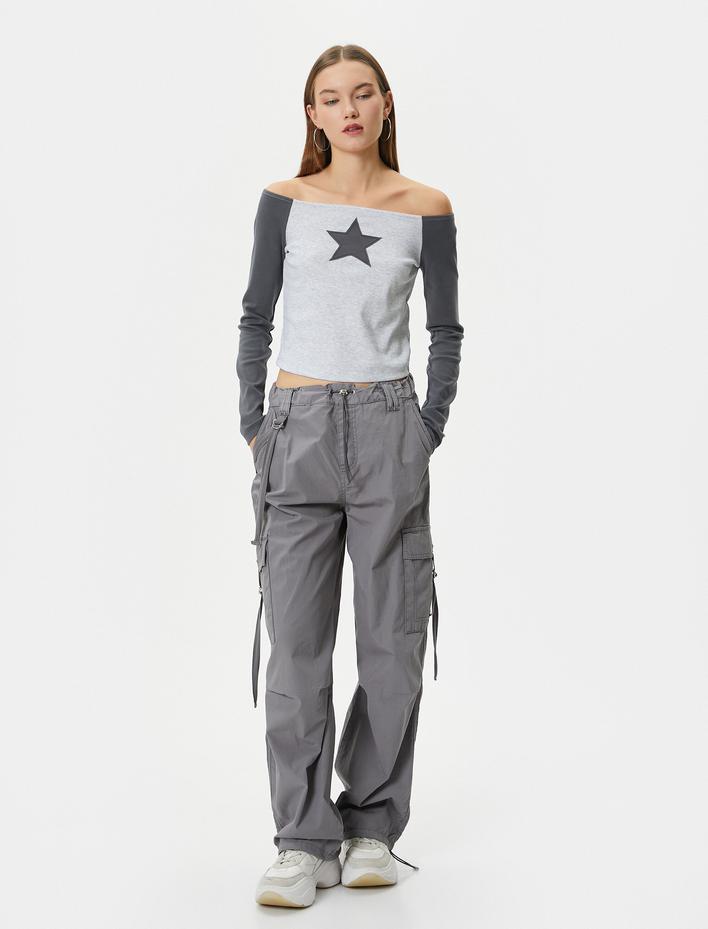  Kayık Yaka Tişört Uzun Kollu Renk Bloklu Yıldız Aplike Detaylı Slim Fit