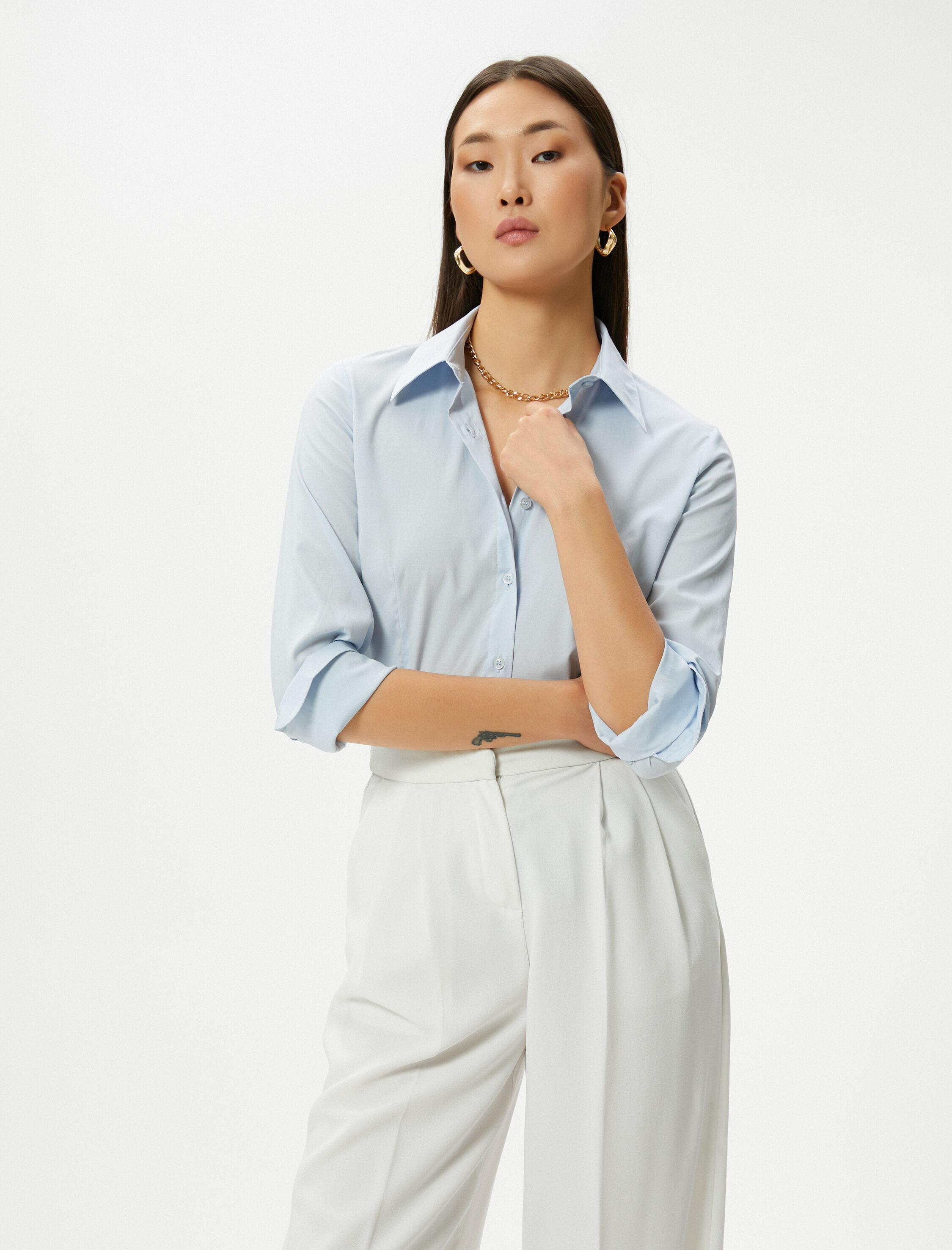   Slim Fit Gömlek Uzun Kollu Düğmeli Manşet Yaka