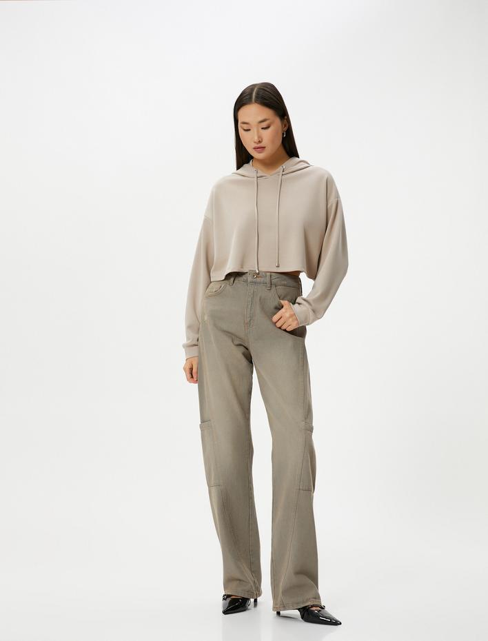  Kapşonlu Crop Sweatshirt Uzun Kollu