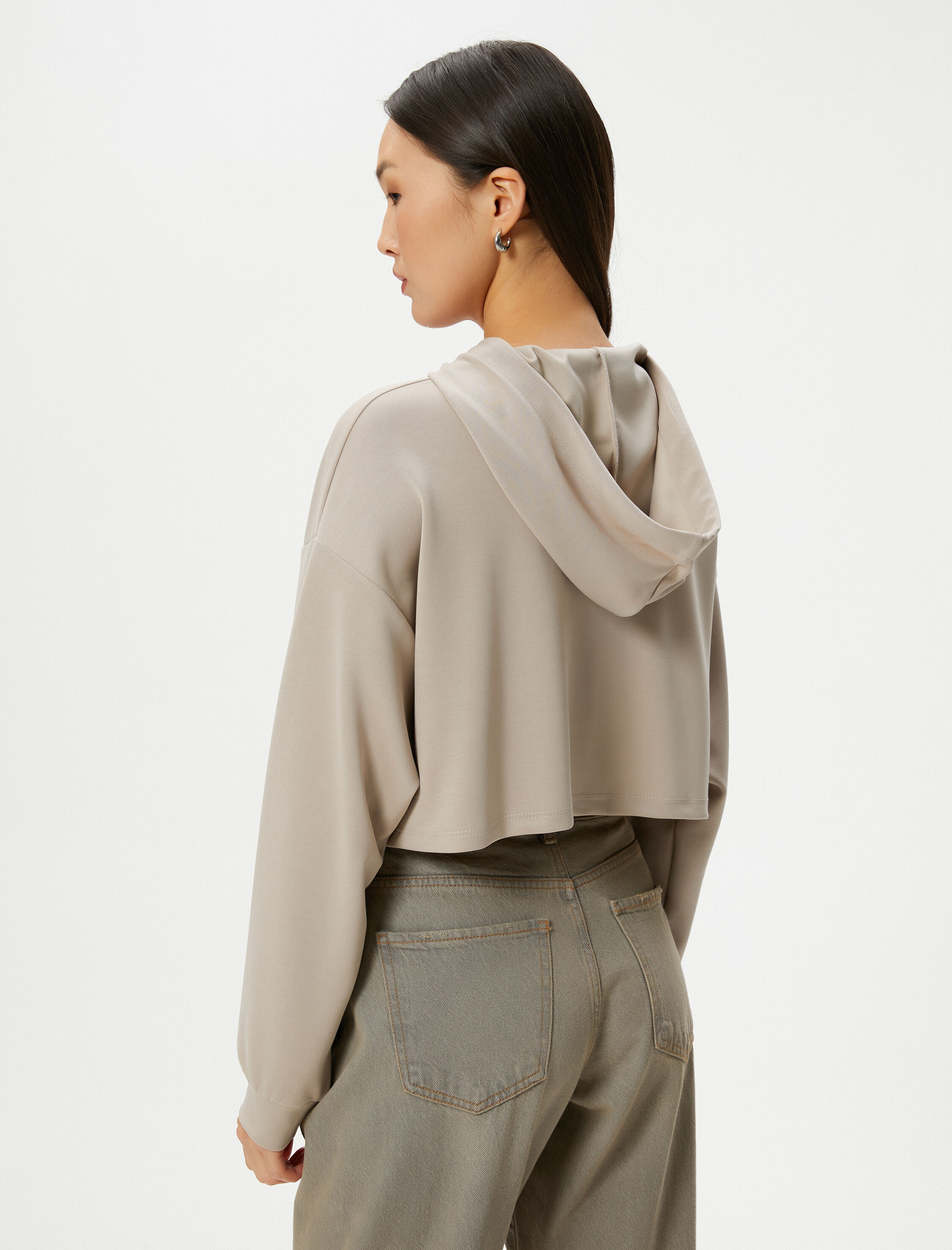   Kapşonlu Crop Sweatshirt Uzun Kollu