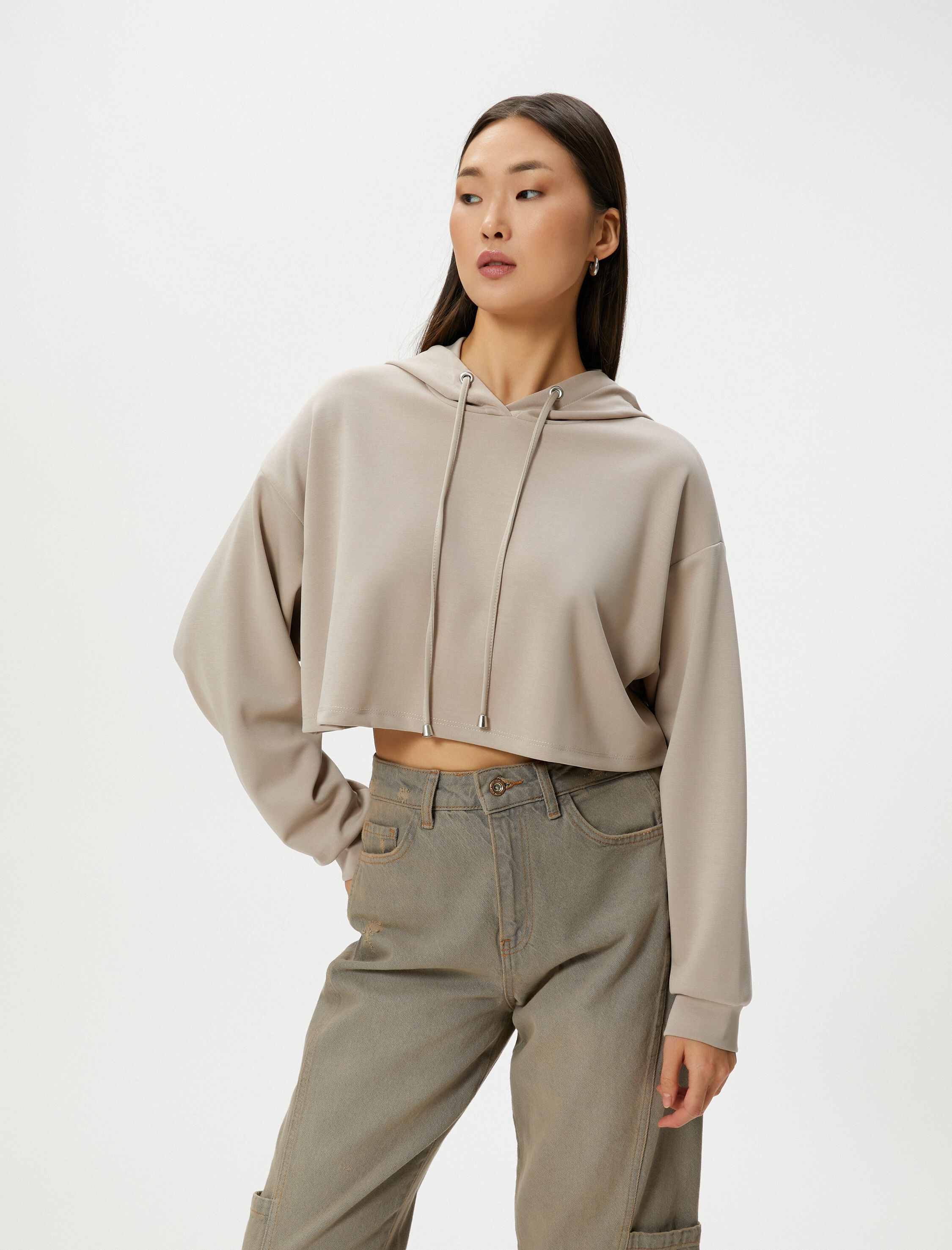   Kapşonlu Crop Sweatshirt Uzun Kollu