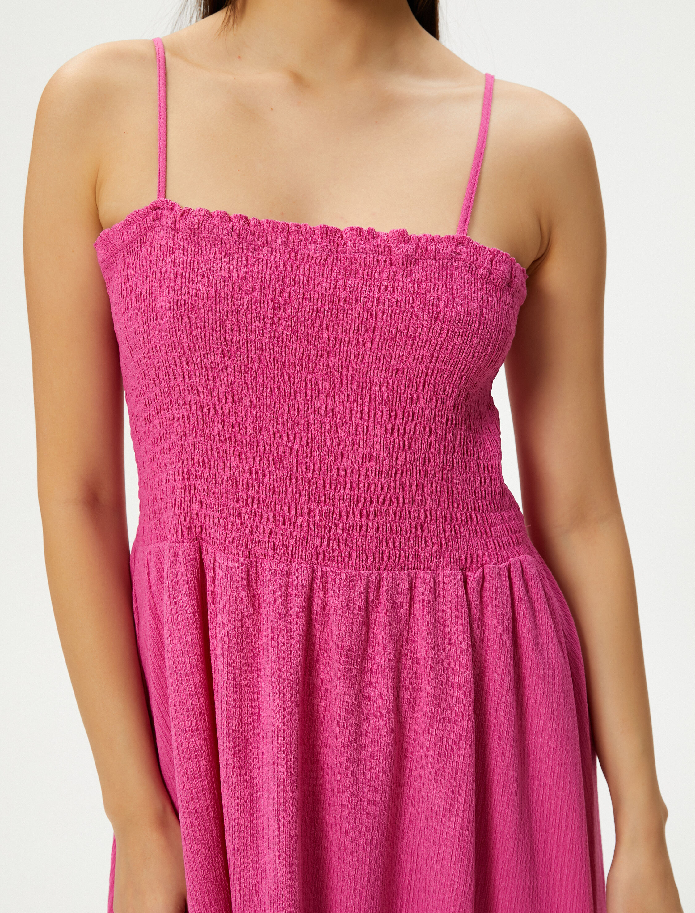   Askılı Midi Elbise Gipeli Kare Yaka