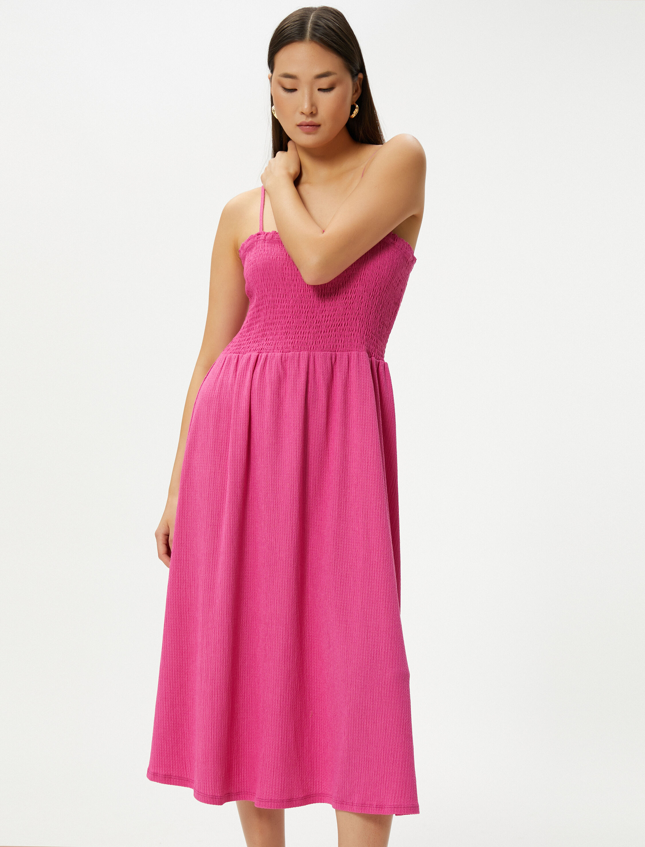   Askılı Midi Elbise Gipeli Kare Yaka