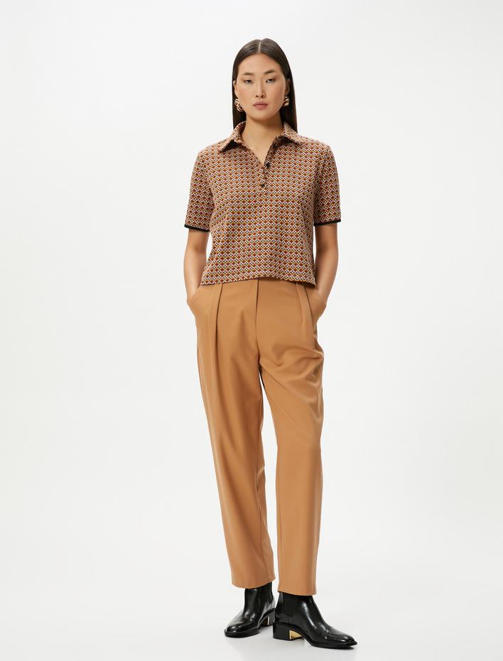  Polo Yaka Tişört Kısa Kollu Düğmeli Geometrik Desenli