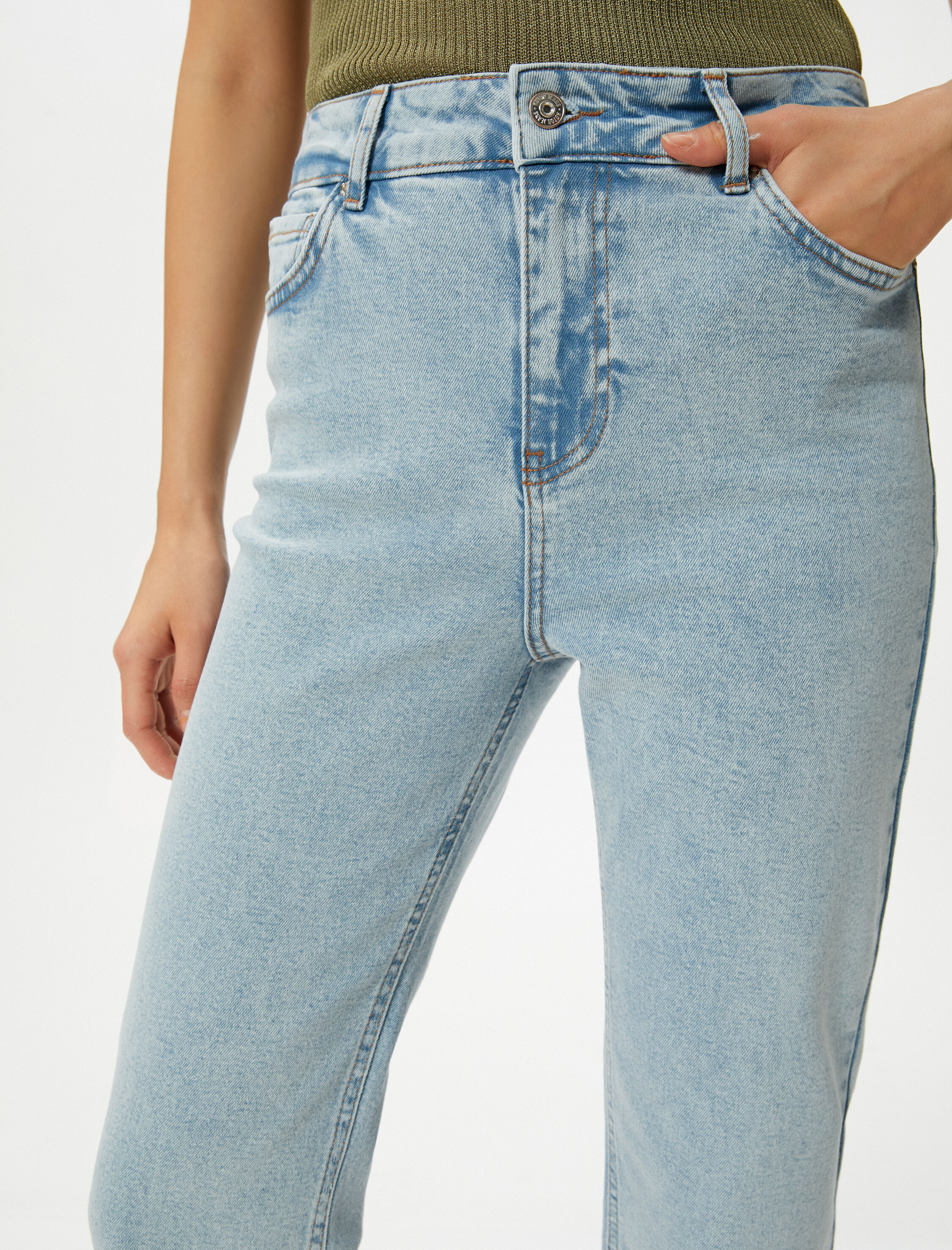   Kısa İspanyol Paça Kot Pantolon Dar Kalıp Standart Bel Cepli Esnek Pamuklu - Flare Crop Jeans