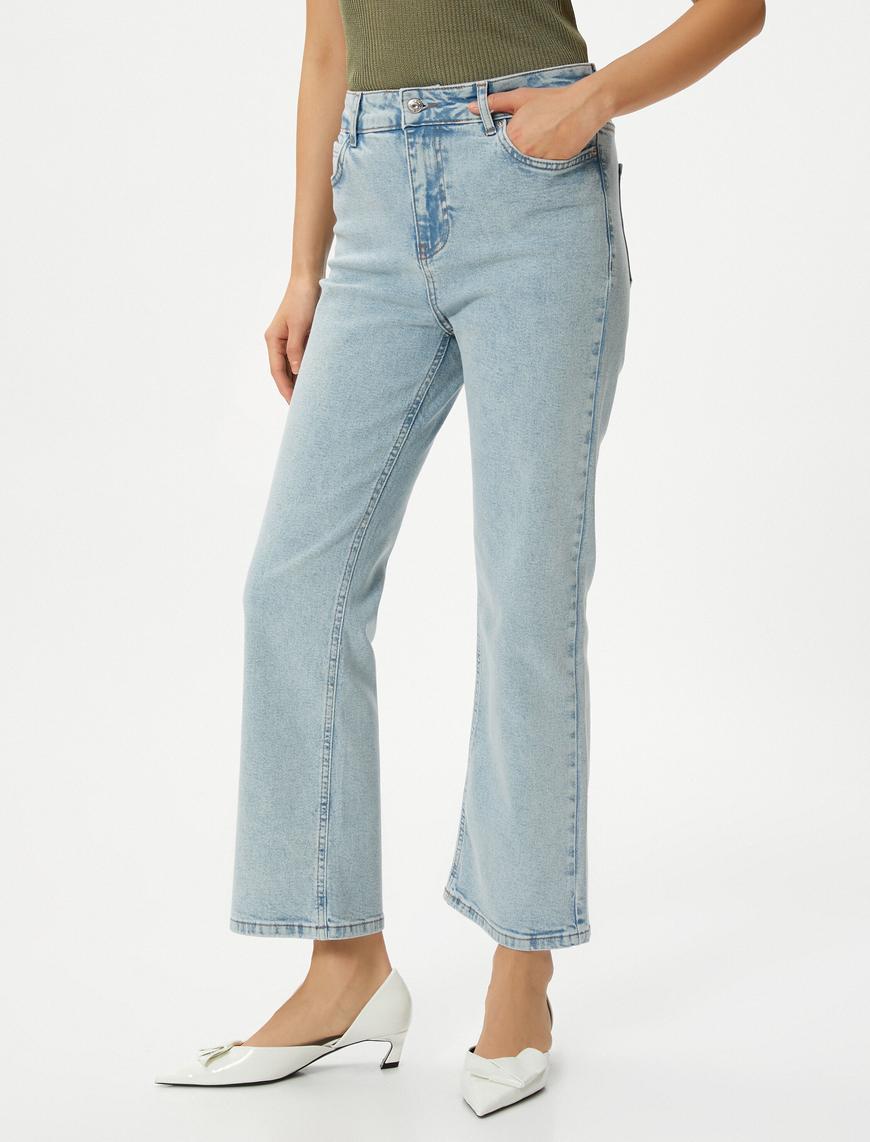   Kısa İspanyol Paça Kot Pantolon Dar Kalıp Standart Bel Cepli Esnek Pamuklu - Flare Crop Jeans