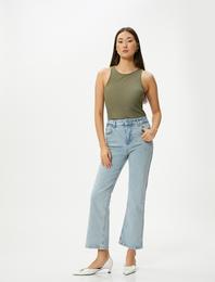 Kısa İspanyol Paça Kot Pantolon Dar Kalıp Standart Bel Cepli Esnek Pamuklu - Flare Crop Jeans