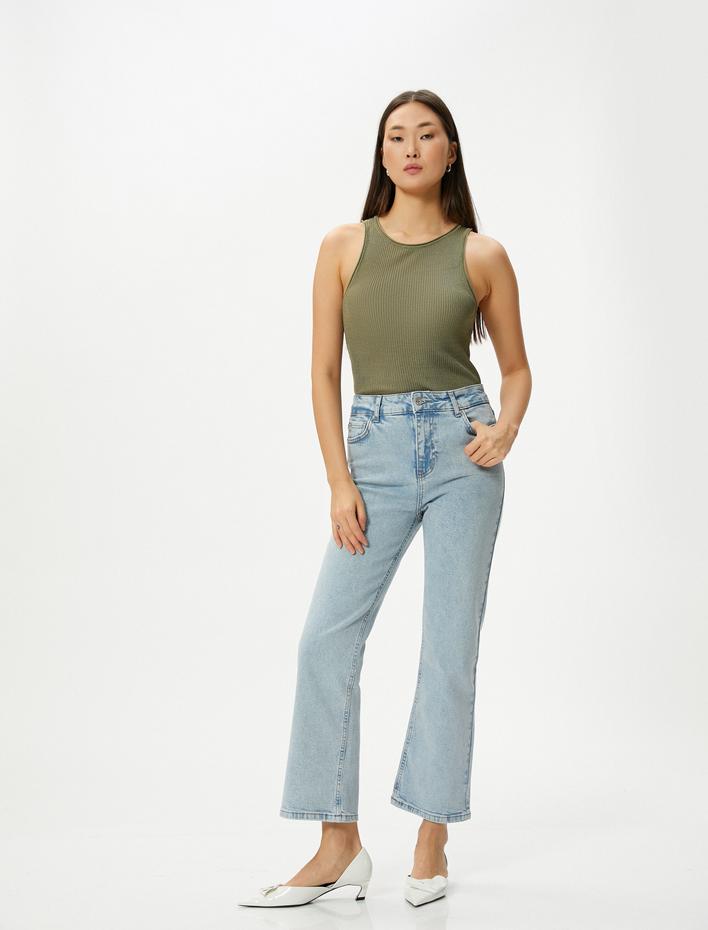  Kısa İspanyol Paça Kot Pantolon Dar Kalıp Standart Bel Cepli Esnek Pamuklu - Flare Crop Jeans