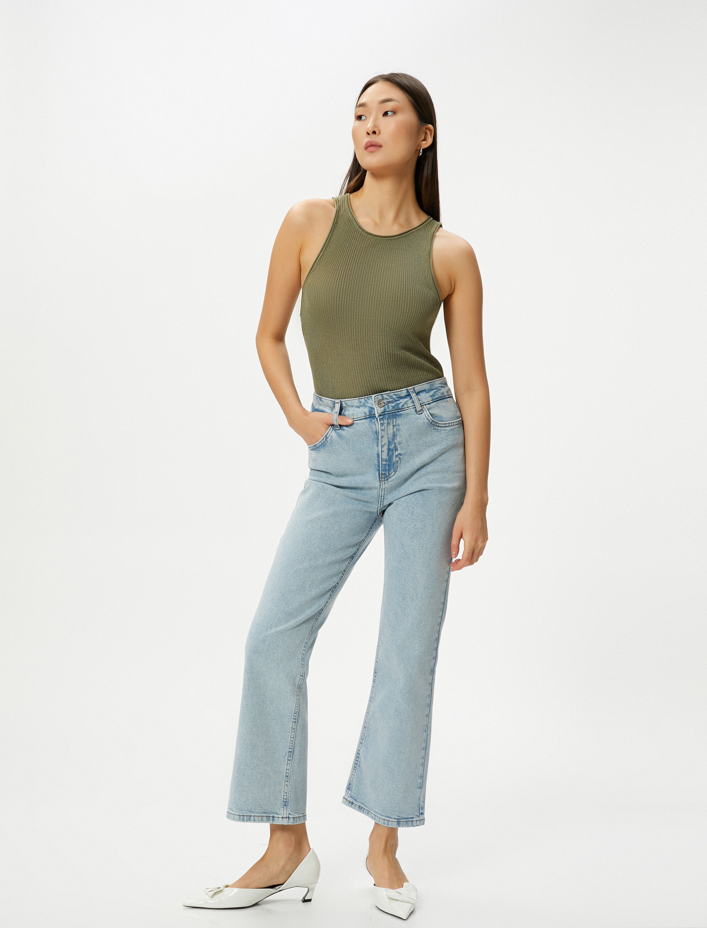   Kısa İspanyol Paça Kot Pantolon Dar Kalıp Standart Bel Cepli Esnek Pamuklu - Flare Crop Jeans