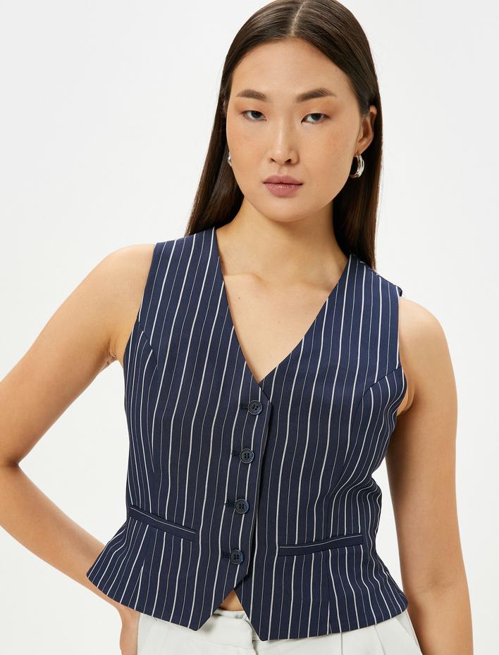  Crop Yelek Düğmeli Fleto Cepli Slim Fit V Yaka