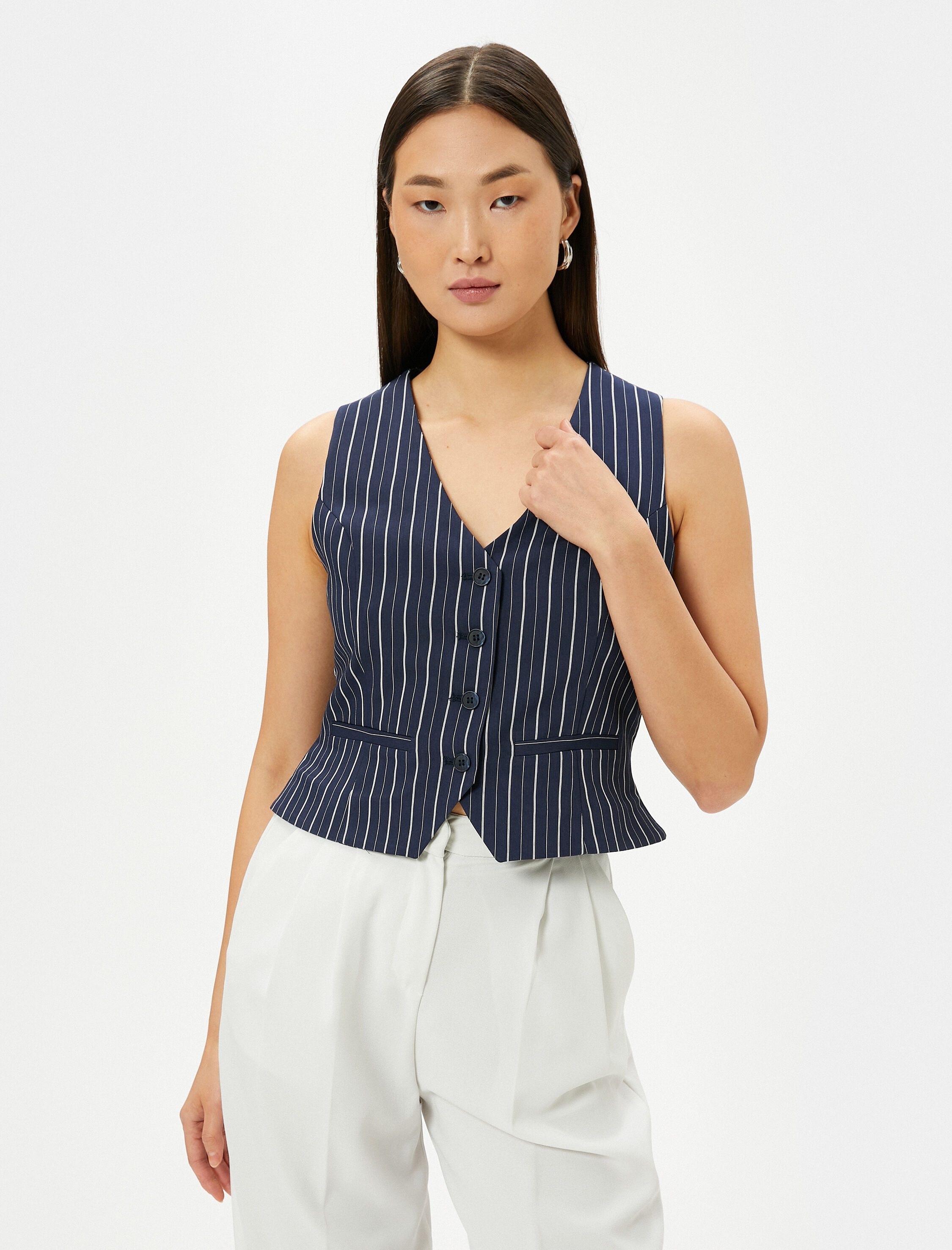   Crop Yelek Düğmeli Fleto Cepli Slim Fit V Yaka