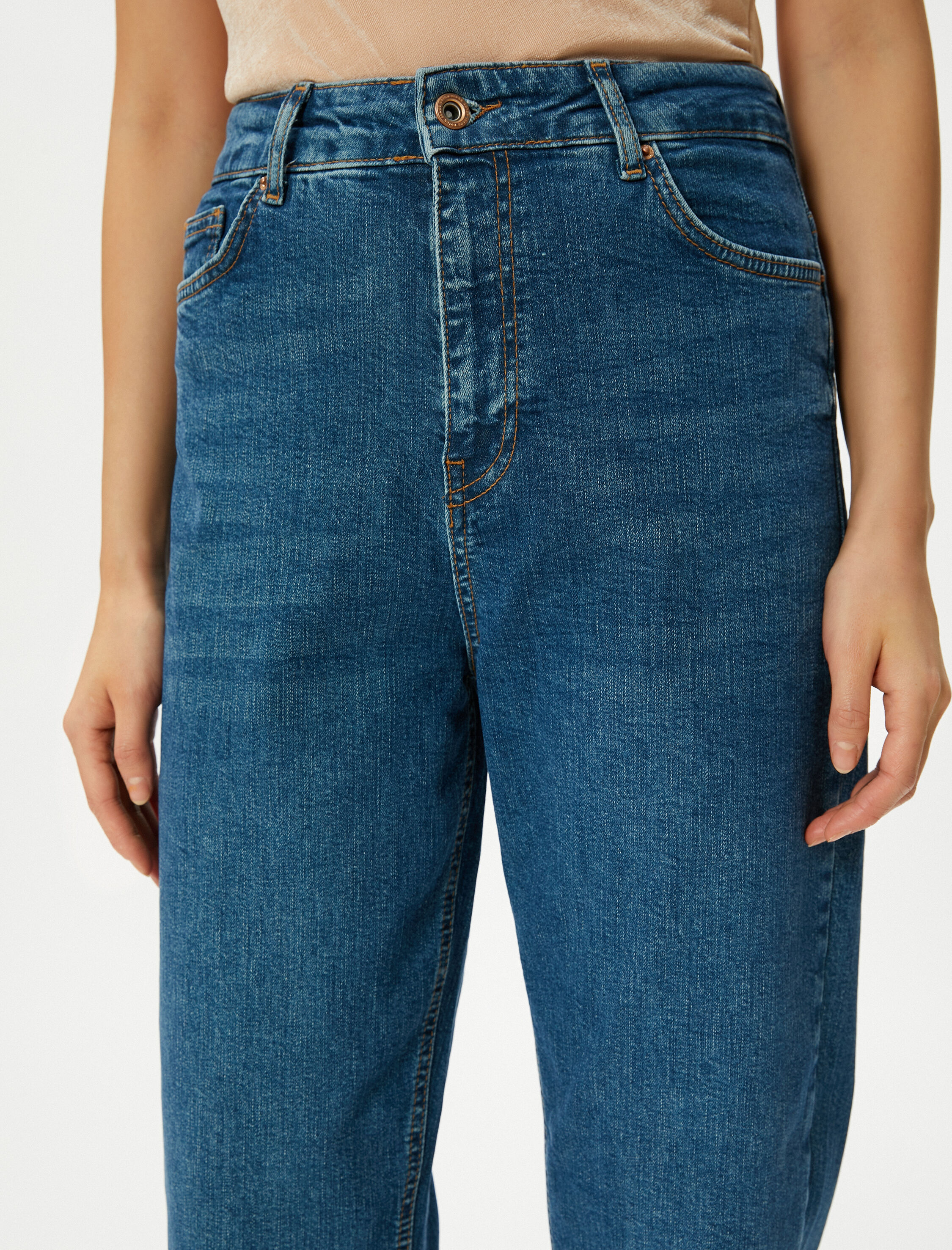 Yüksek Bel Mom Kot Pantolon Esnek Cepli Dar Kalıp Pamuklu - Slim Mom Jean