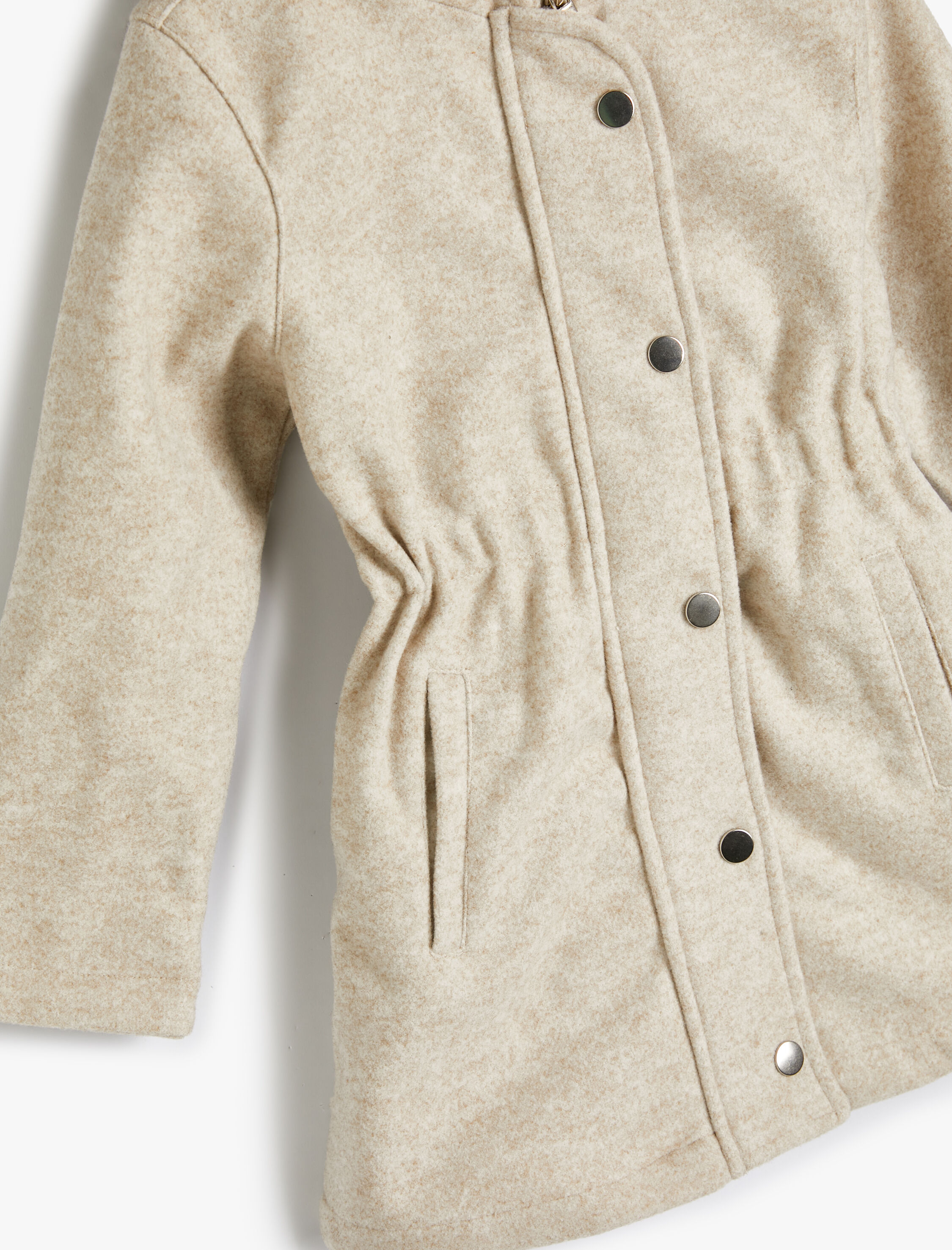  Kız Çocuk Kapşonlu Kaban Suni Kürk Yakalı Büzgü Detaylı Düğmeli Cepli