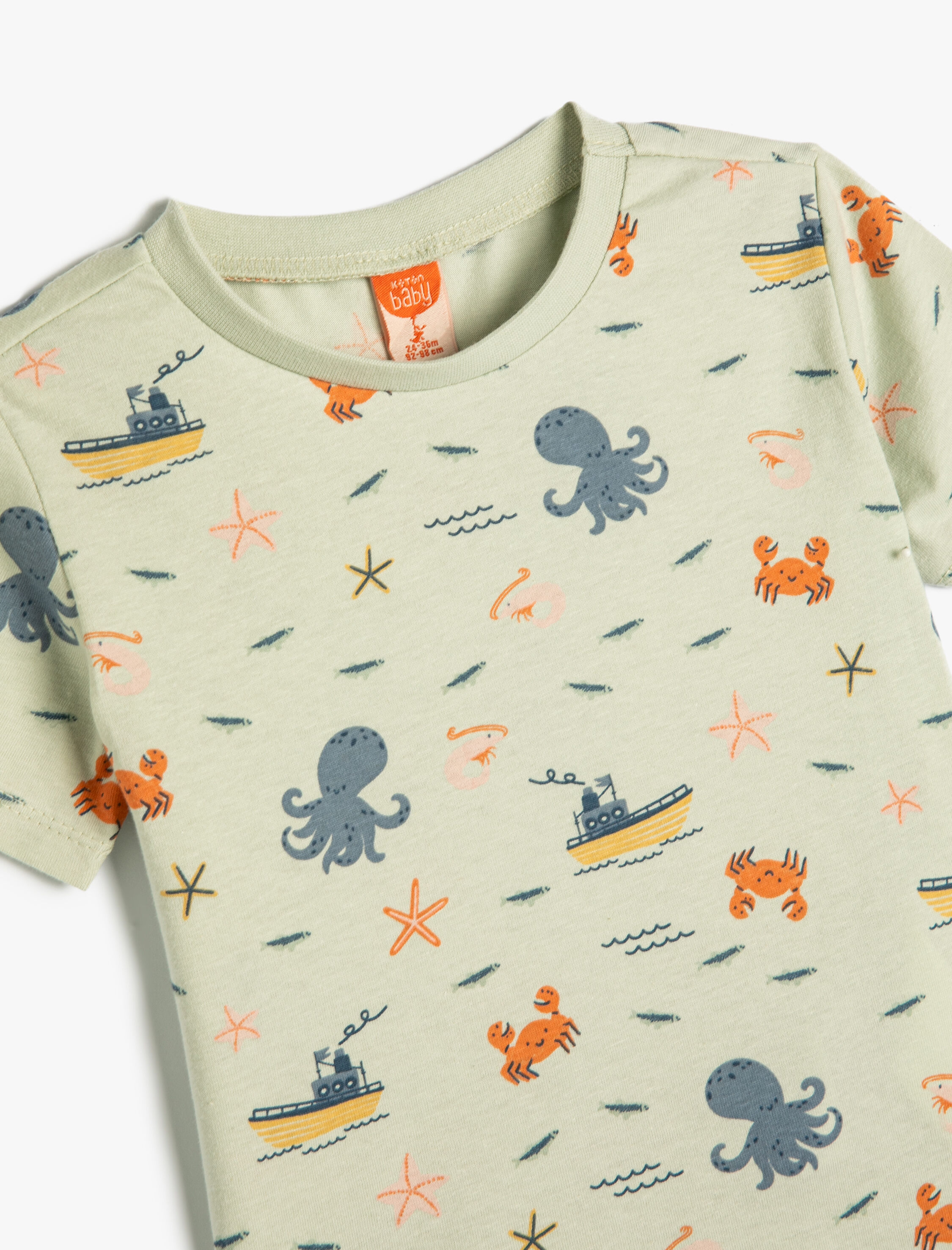  Erkek Bebek Ahtapot Baskılı Kısa Kollu Tişört Bisiklet Yaka Pamuklu