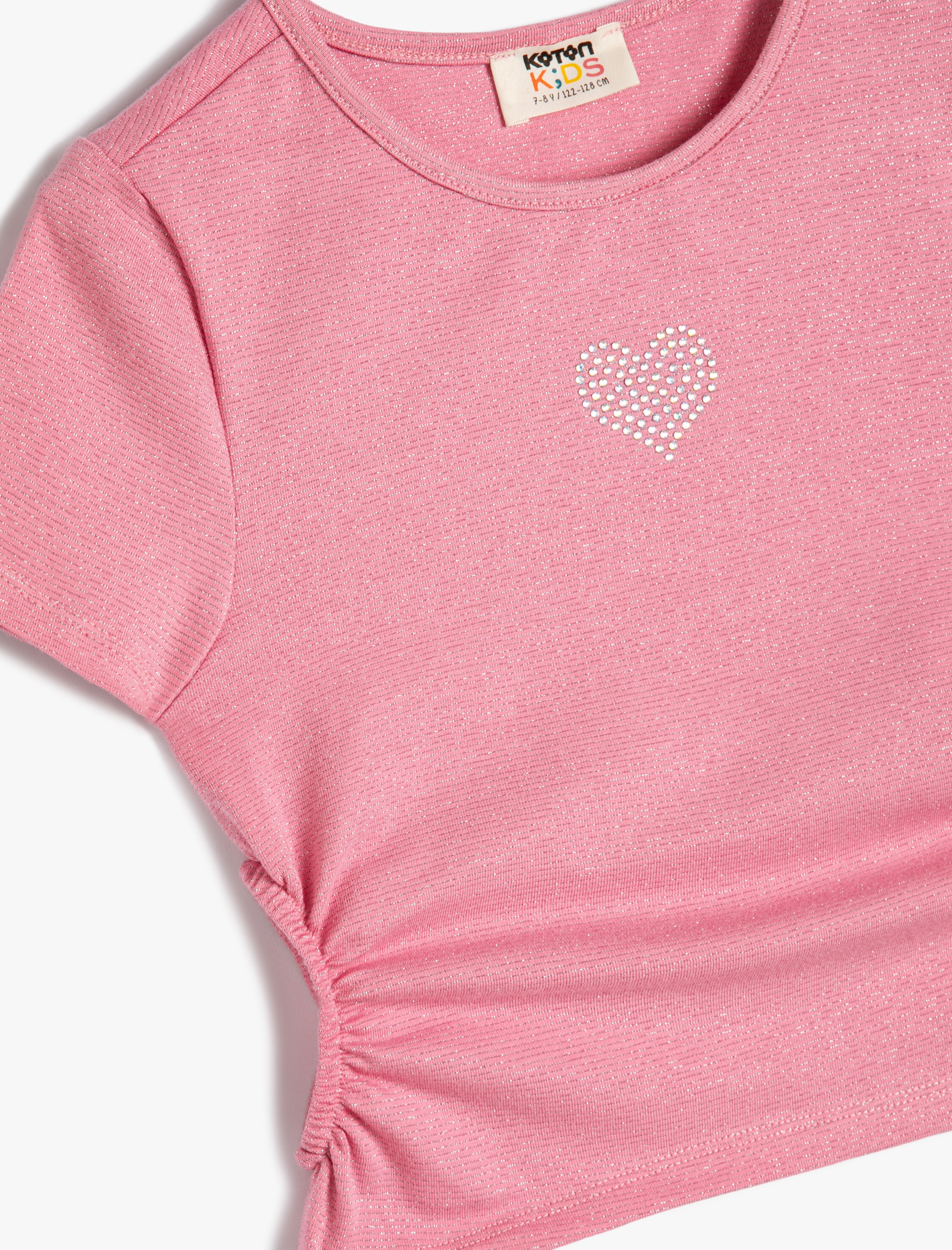  Kız Çocuk Crop Tişört Yanları Büzgülü Kısa Kollu Yuvarlak Yaka