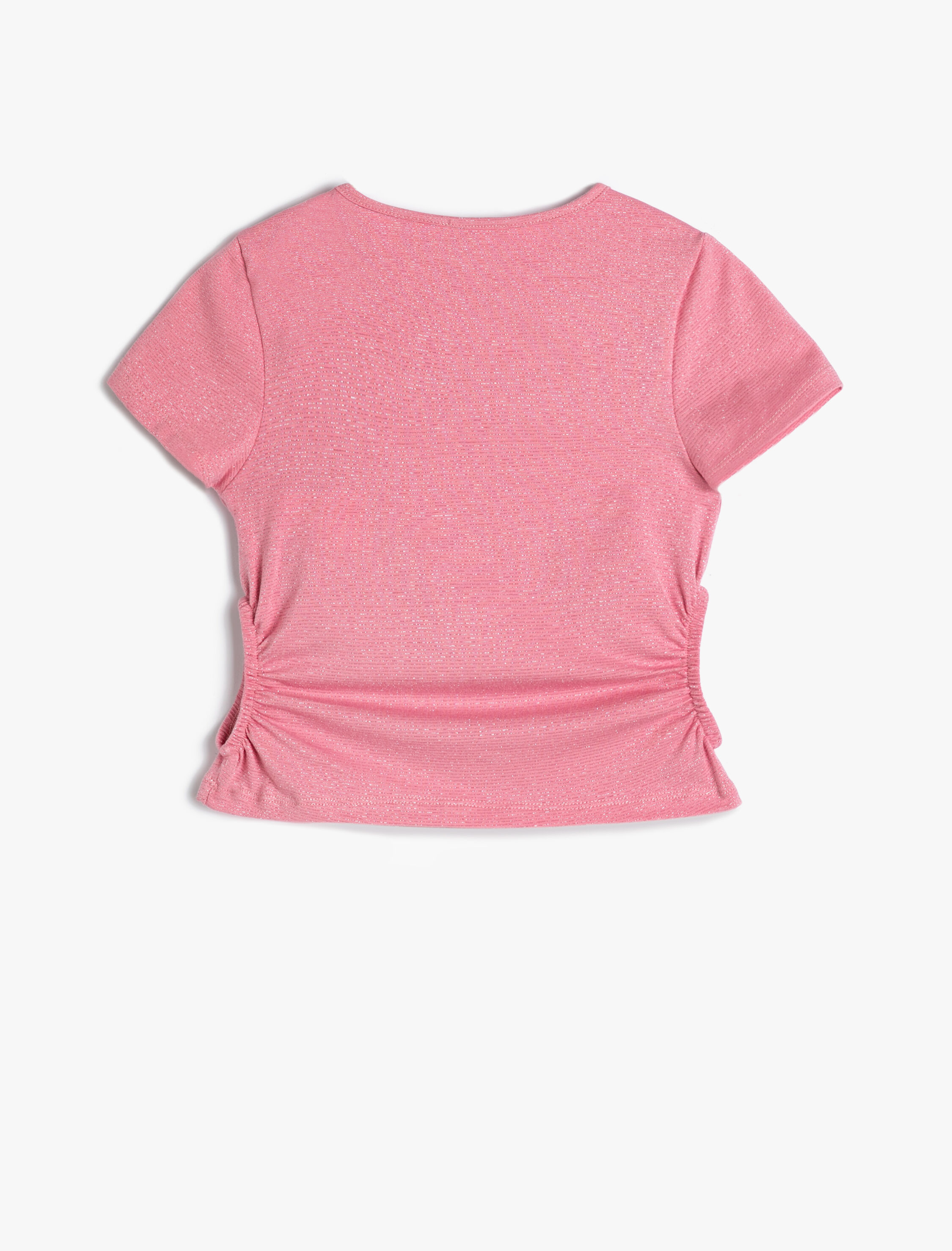  Kız Çocuk Crop Tişört Yanları Büzgülü Kısa Kollu Yuvarlak Yaka