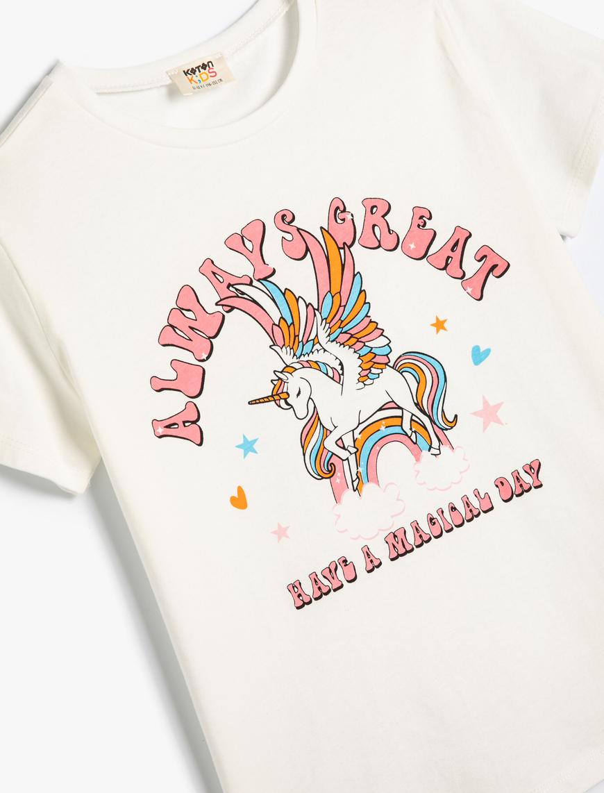  Kız Çocuk Unicorn Tişört Kısa Kollu Bisiklet Yaka Pamuklu