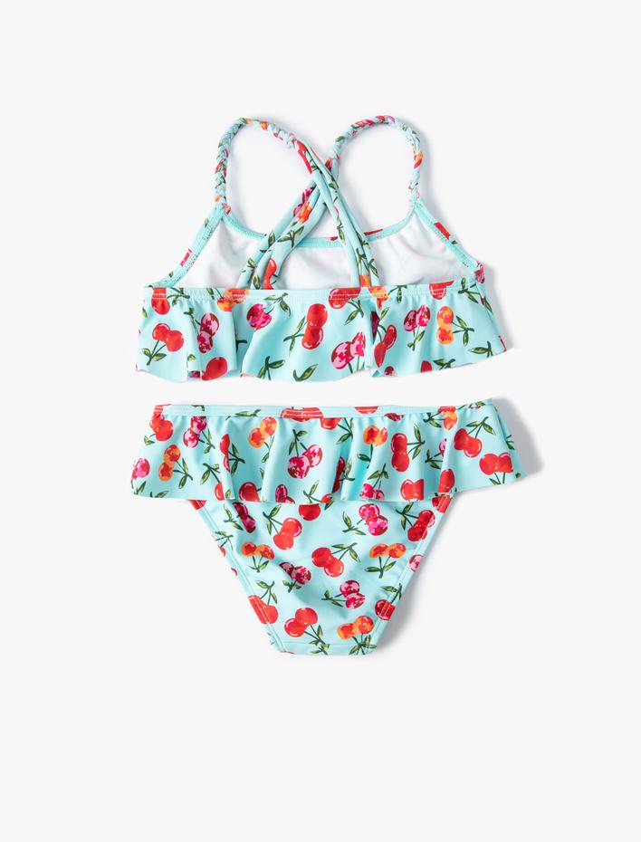 Kız Çocuk Kirazlı Bikini Seti 2 Parça Fırfırlı Çapraz Askılı