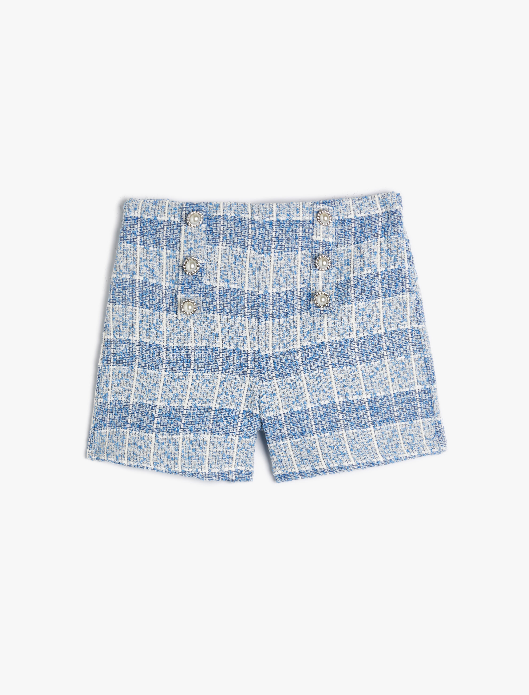  Kız Çocuk Tüvit Şort İnci Düğme Detaylı Beli Lastikli