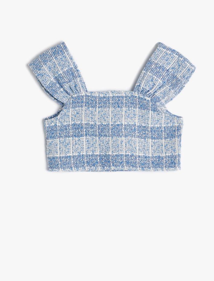 Kız Çocuk Crop Tüvit Bluz Kolsuz İnci Düğme Detaylı