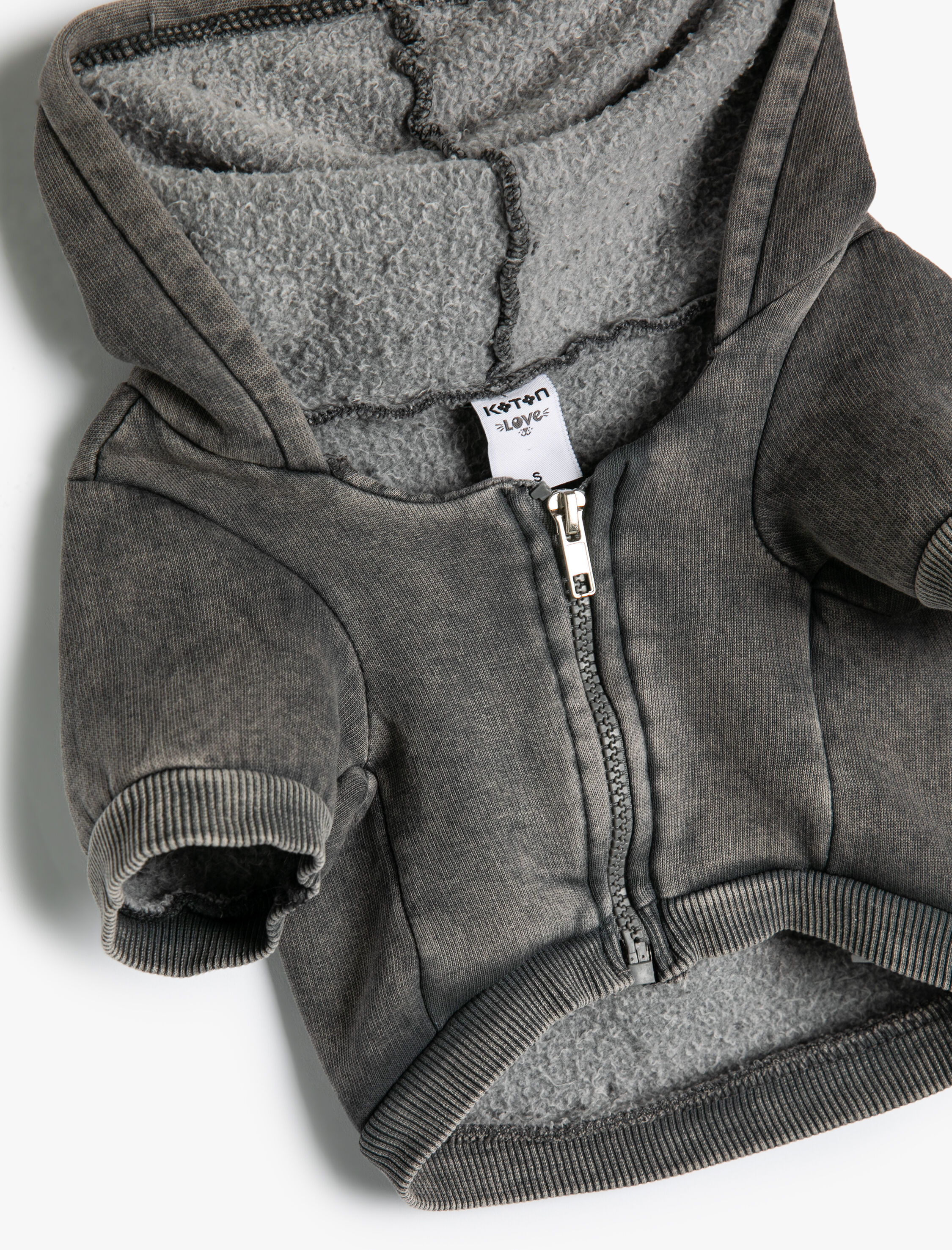   Şardonlu Kapüşonlu Köpek Sweatshirt Fermuarlı Arkası Baskılı Soluk Efektli Antibakteriyel Kumaş