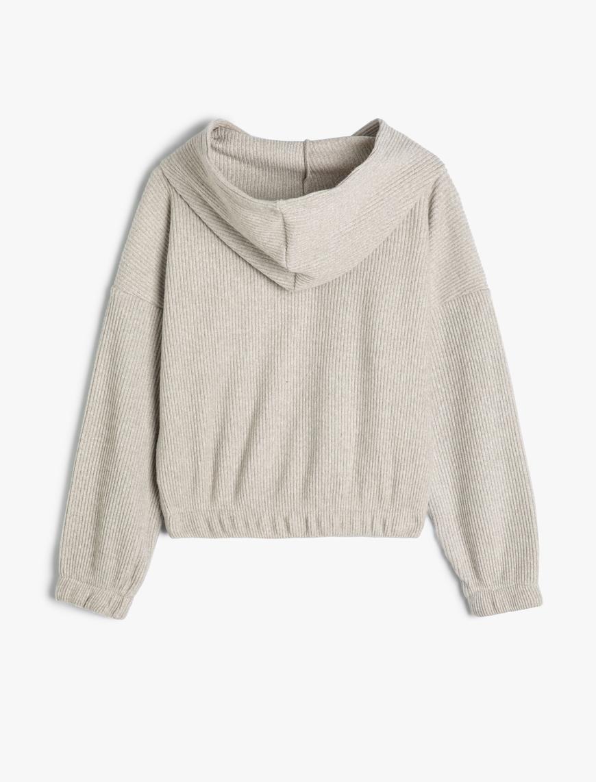  Kız Çocuk Kapşonlu Basic Sweatshirt Dokulu Manşetleri Lastikli