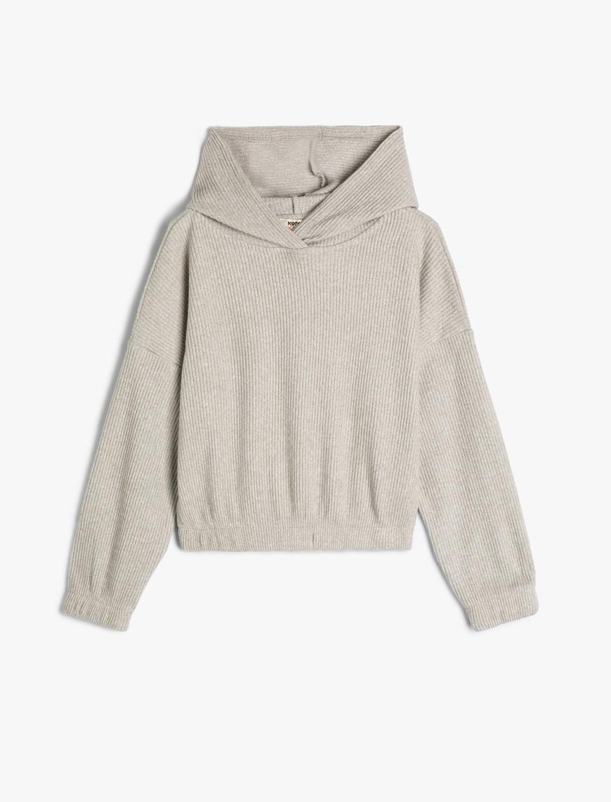  Kız Çocuk Kapşonlu Basic Sweatshirt Dokulu Manşetleri Lastikli