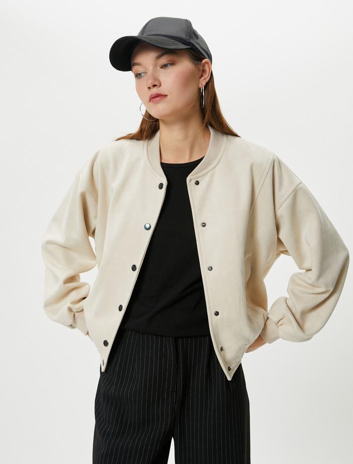  Bomber Ceket Süet Görünümlü Kolej Yaka Çıtçıt Kapamalı