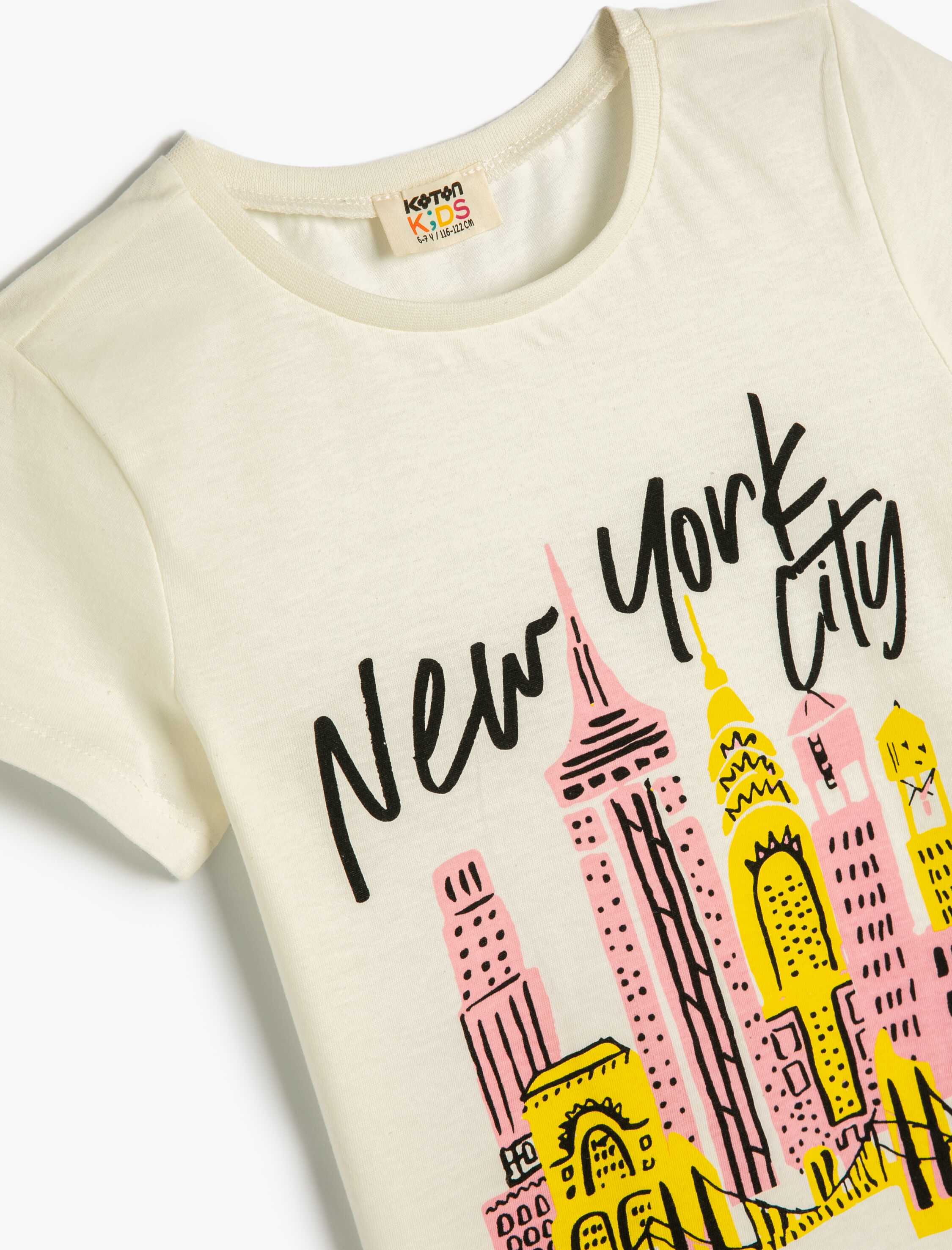  Kız Çocuk Tişört New York Şehir Baskılı Kısa Kollu Bisiklet Yaka Pamuklu