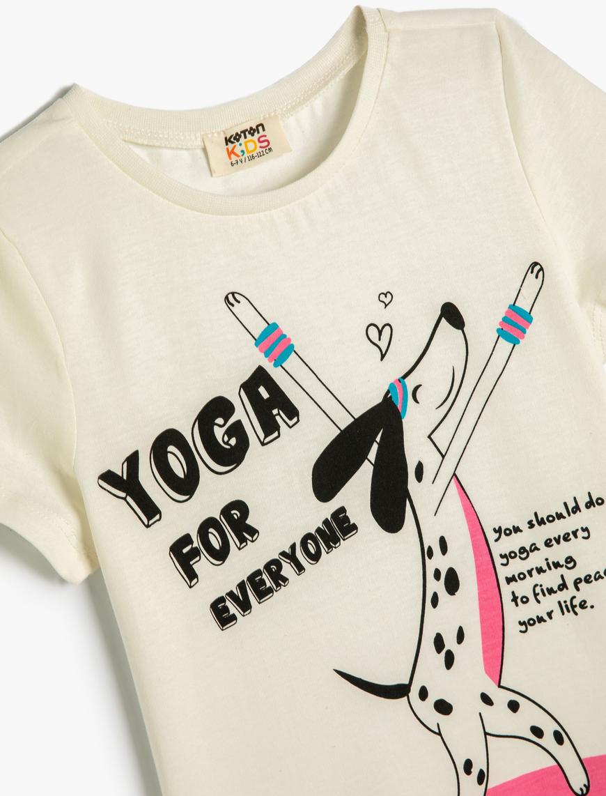  Kız Çocuk Tişört Yoga Temalı Köpek Baskılı Kısa Kollu Bisiklet Yaka Pamuklu