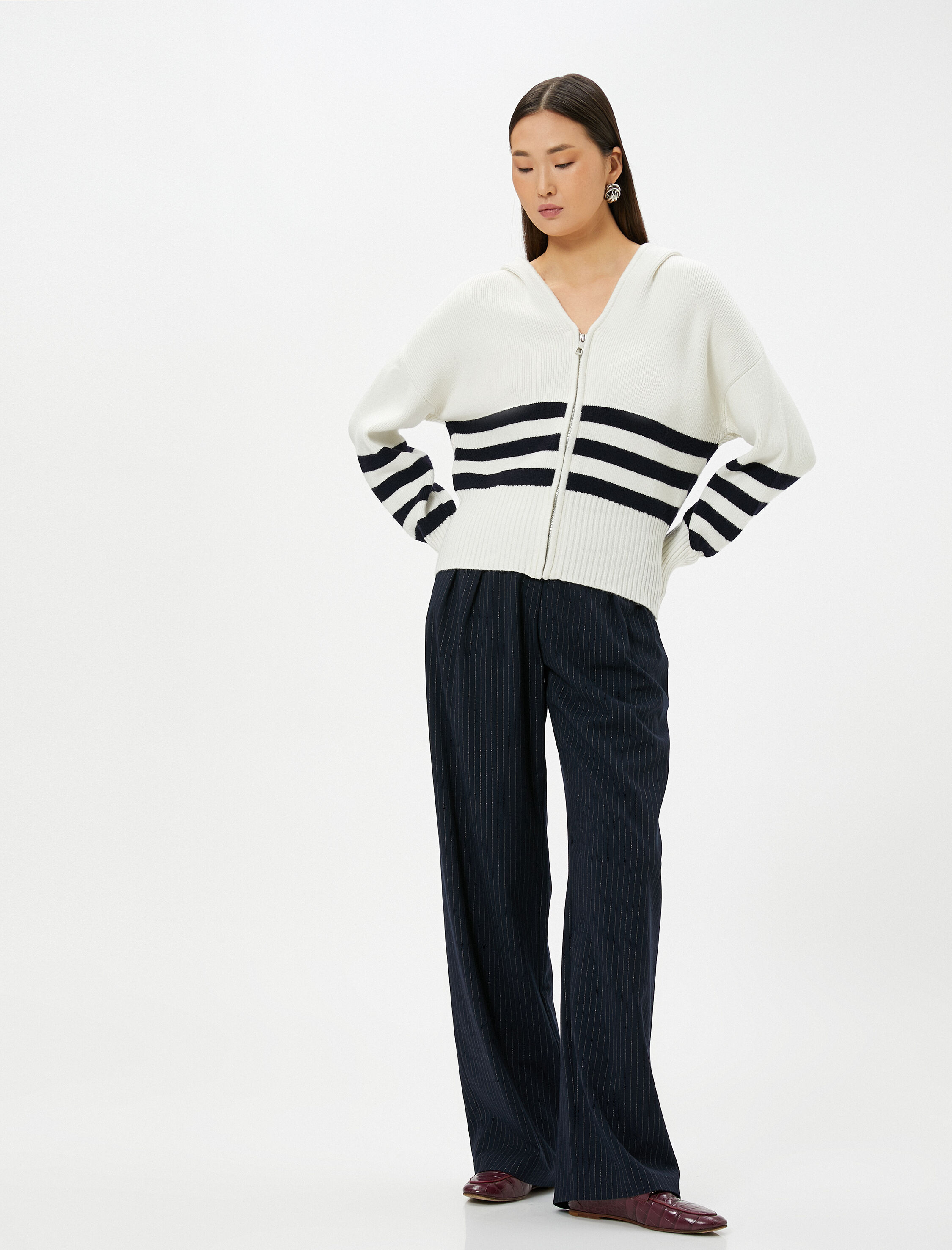   Fermuarlı Hırka Geniş Yaka Ribanalı