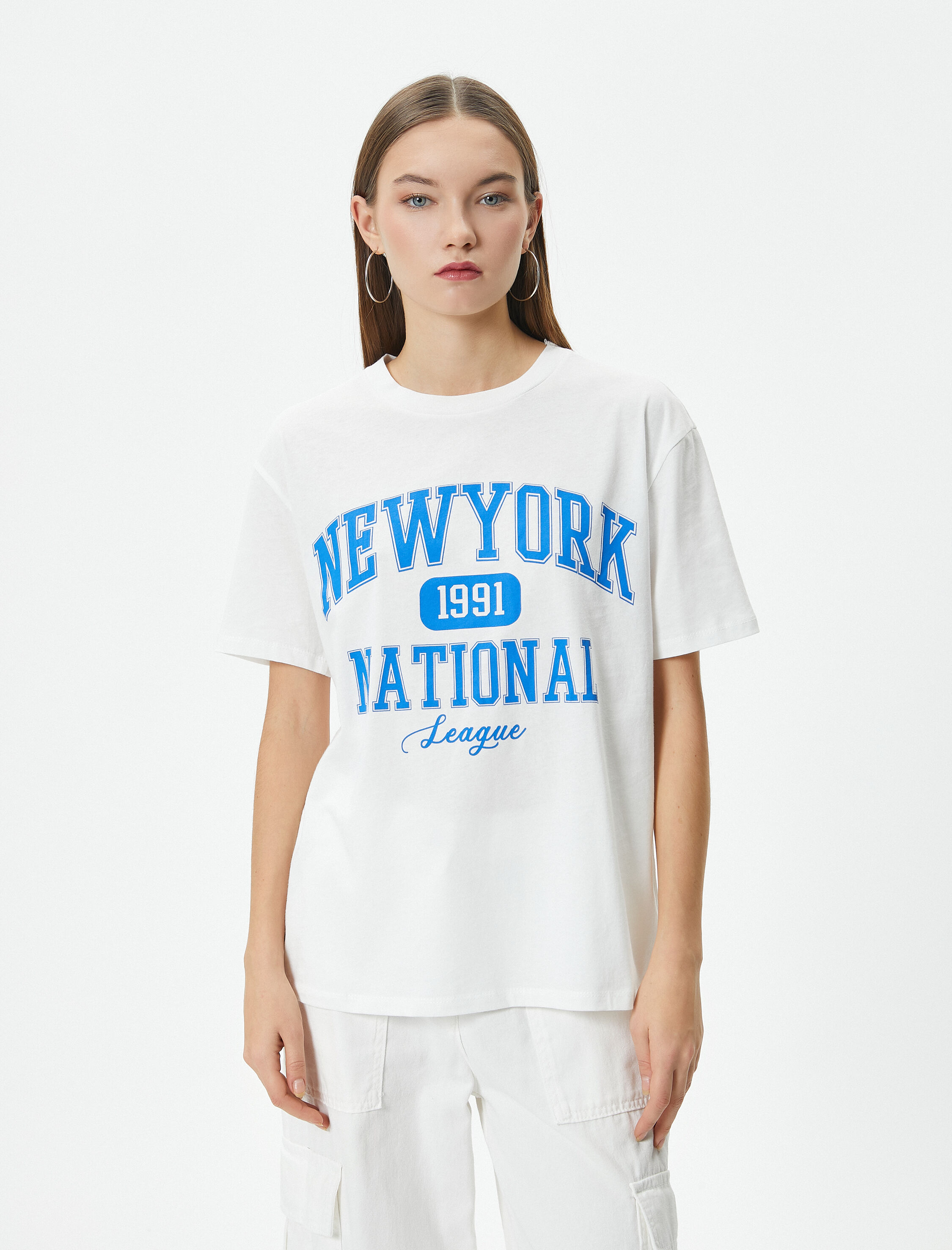   Kolej Tişört Baskılı Kısa Kollu Bisiklet Yaka Pamuklu Rahat Kalıp