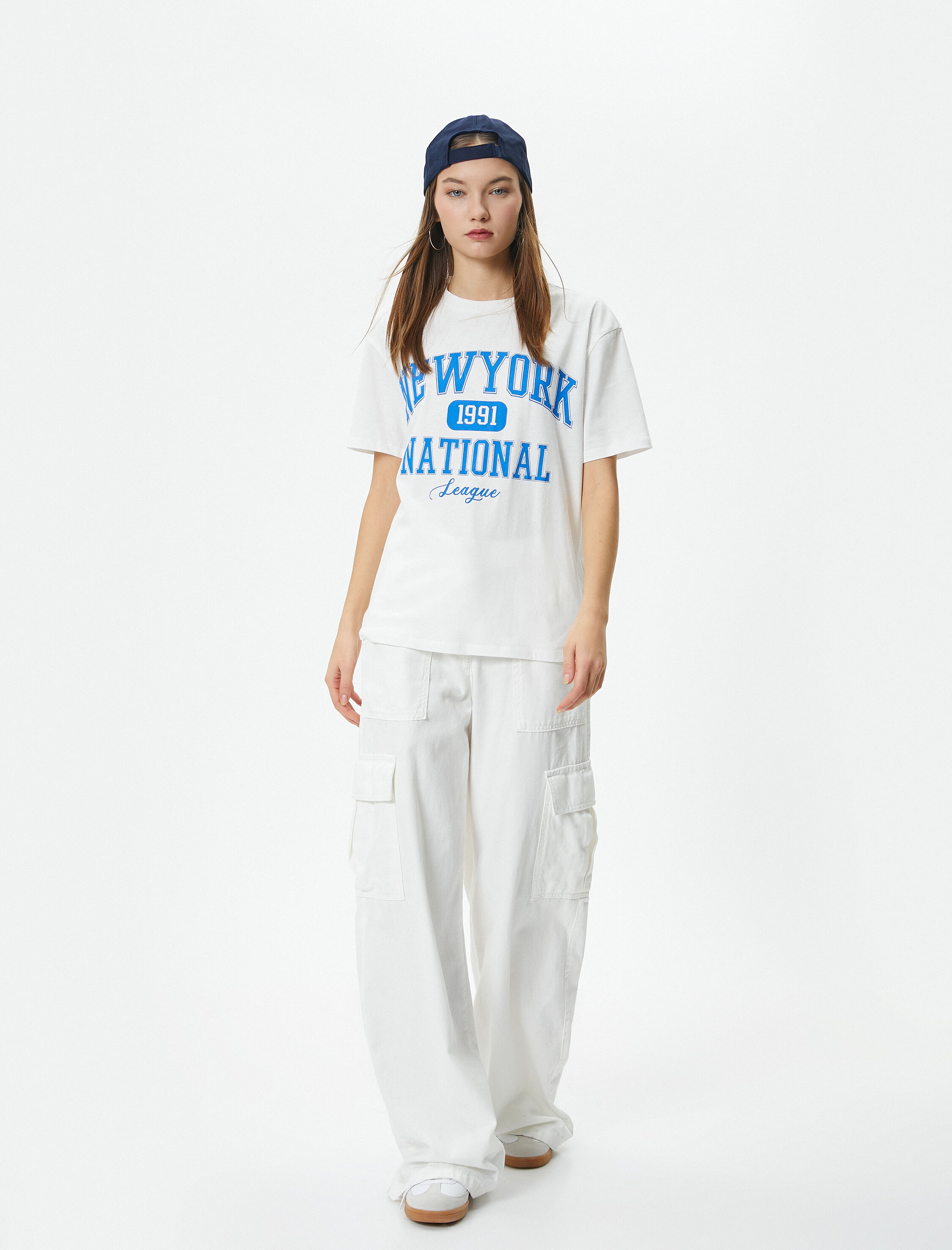   Kolej Tişört Baskılı Kısa Kollu Bisiklet Yaka Pamuklu Rahat Kalıp