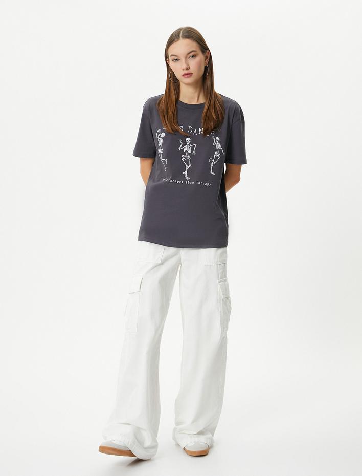  İskelet Baskılı Tişört Kısa Kollu Bisiklet Yaka Pamuklu