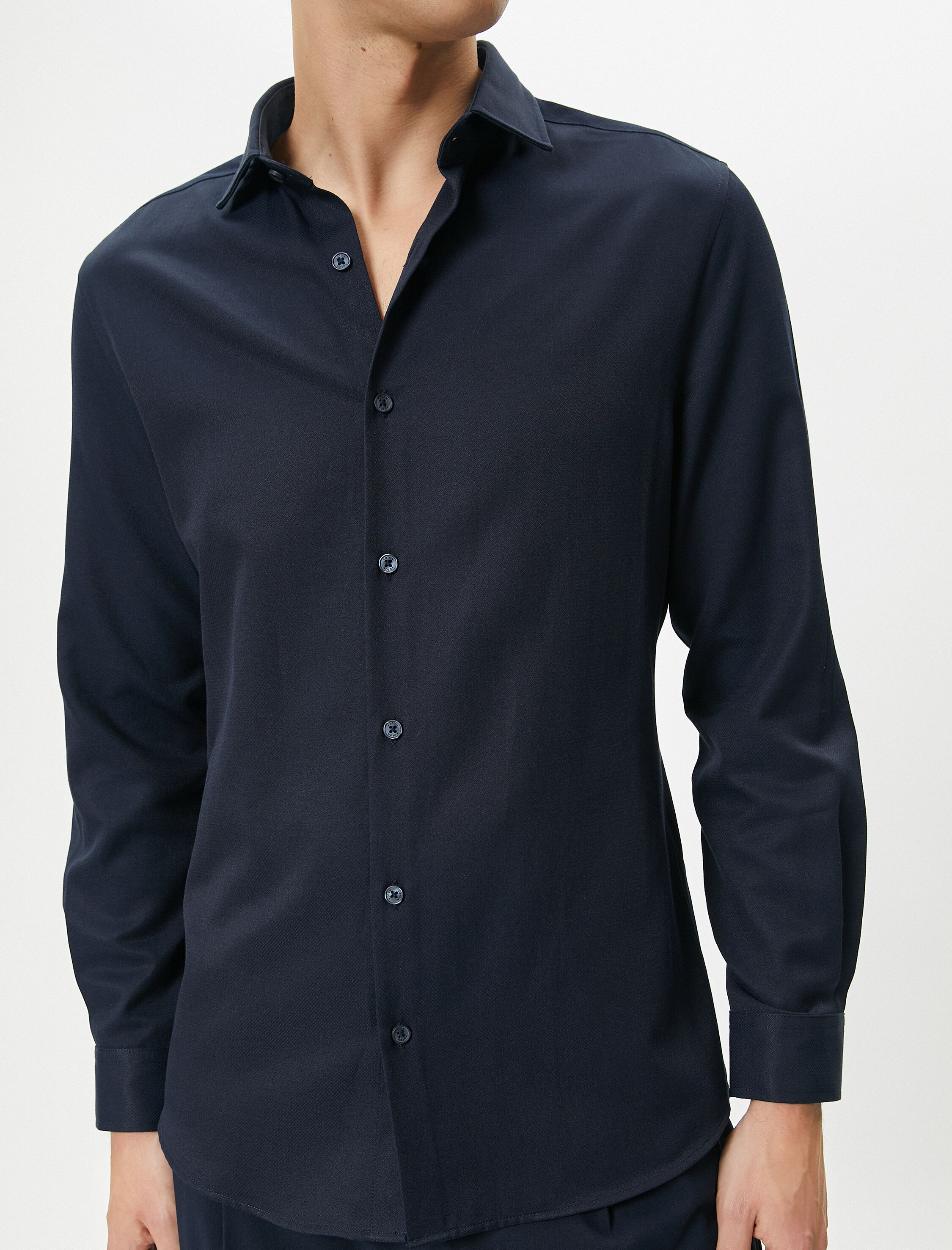   Klasik Gömlek Yarım İtalyan Yaka Düğmeli Uzun Kollu Regular Fit