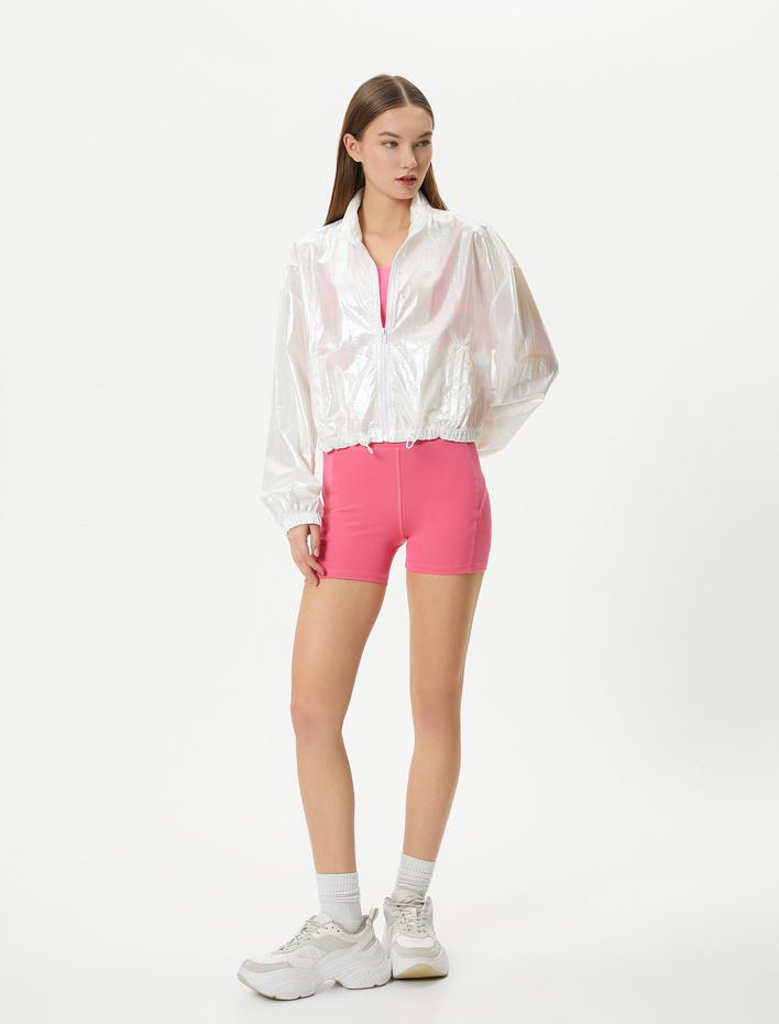  Crop Spor Ceket Parlak Paraşüt Kumaş Fermuarlı Dik Yaka Uzun Kollu Cepli