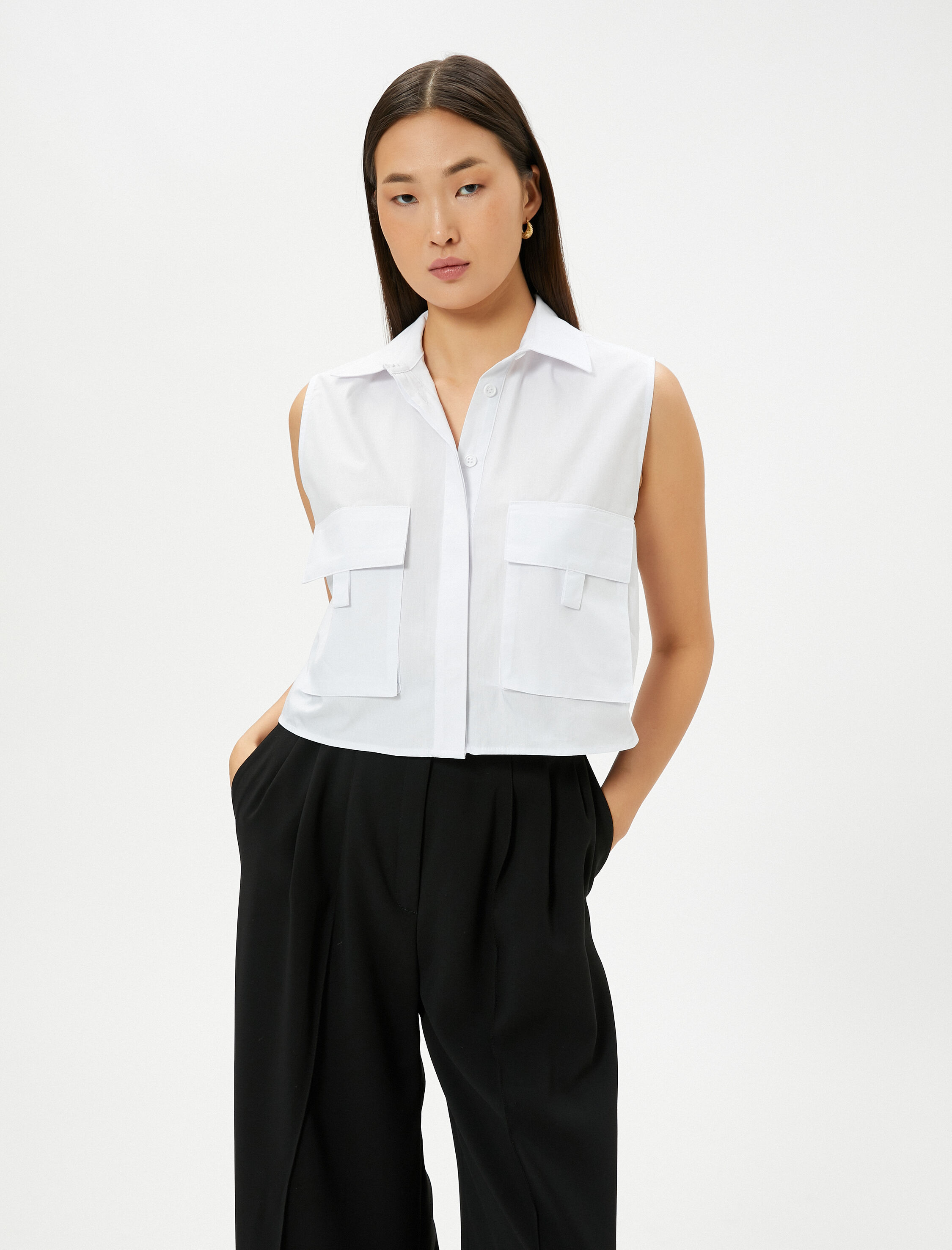   Crop Poplin Gömlek Kolsuz Kargo Cepli Manşet Yaka Düğmeli