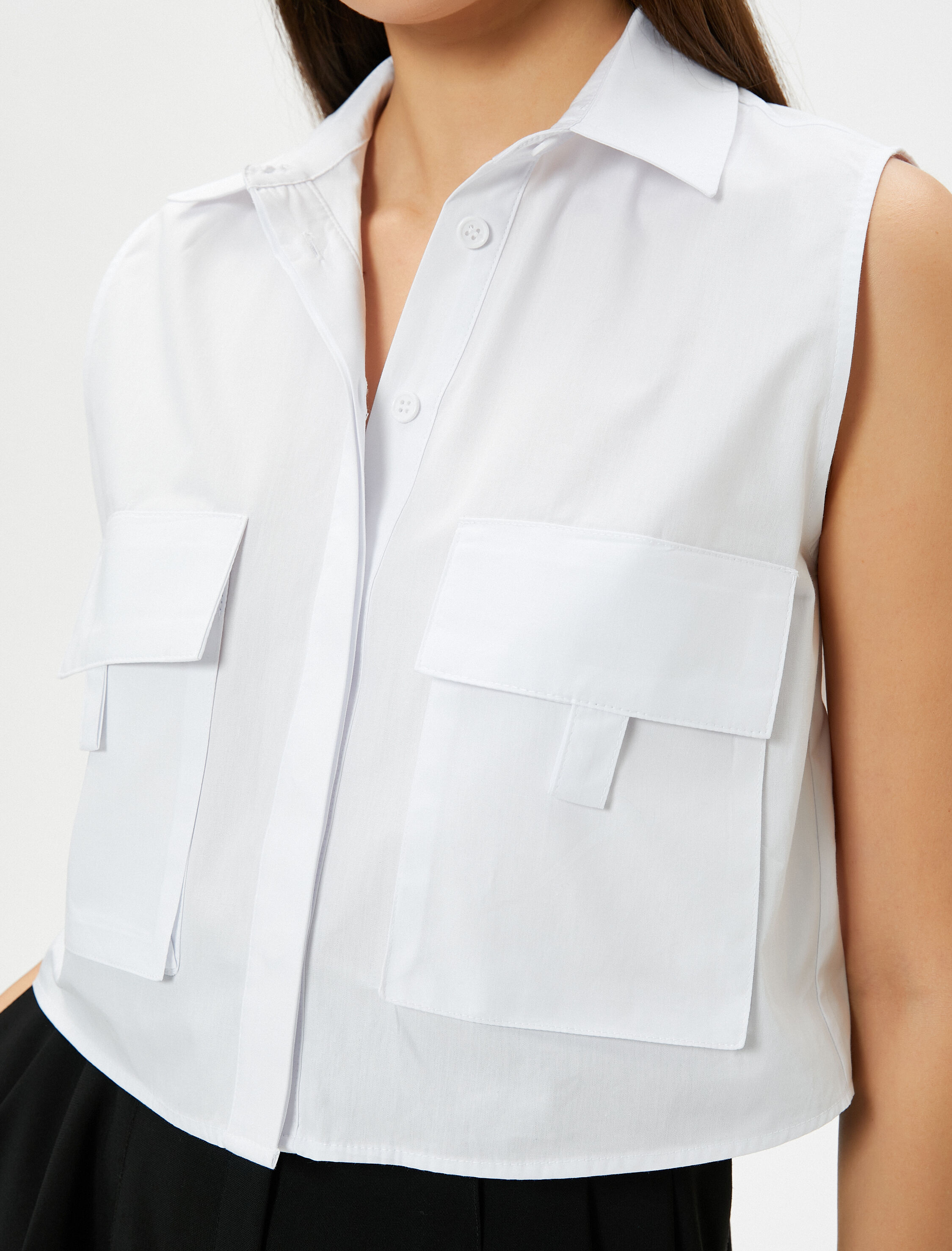   Crop Poplin Gömlek Kolsuz Kargo Cepli Manşet Yaka Düğmeli