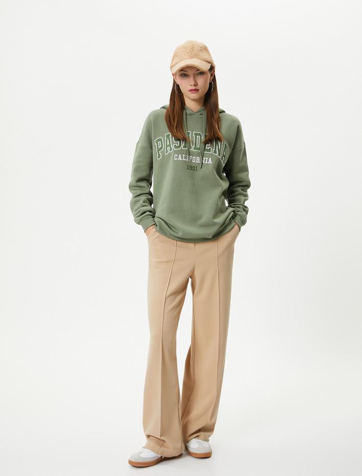  Kapşonlu Sweatshirt İşleme Detaylı Şardonlu Rahat Kalıp Uzun Kollu