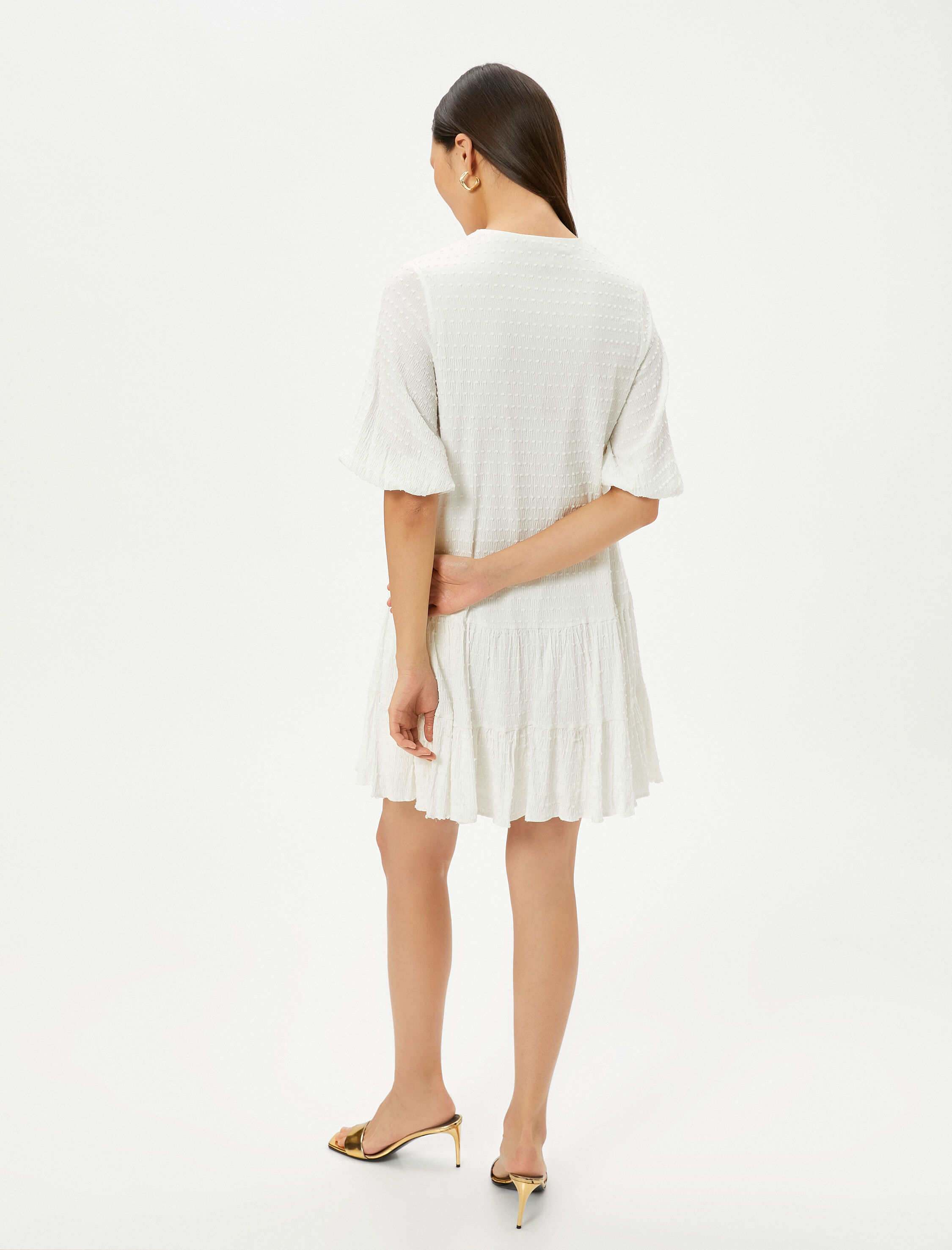   Balon Kol Elbise Mini V Yaka Volanlı Dokulu