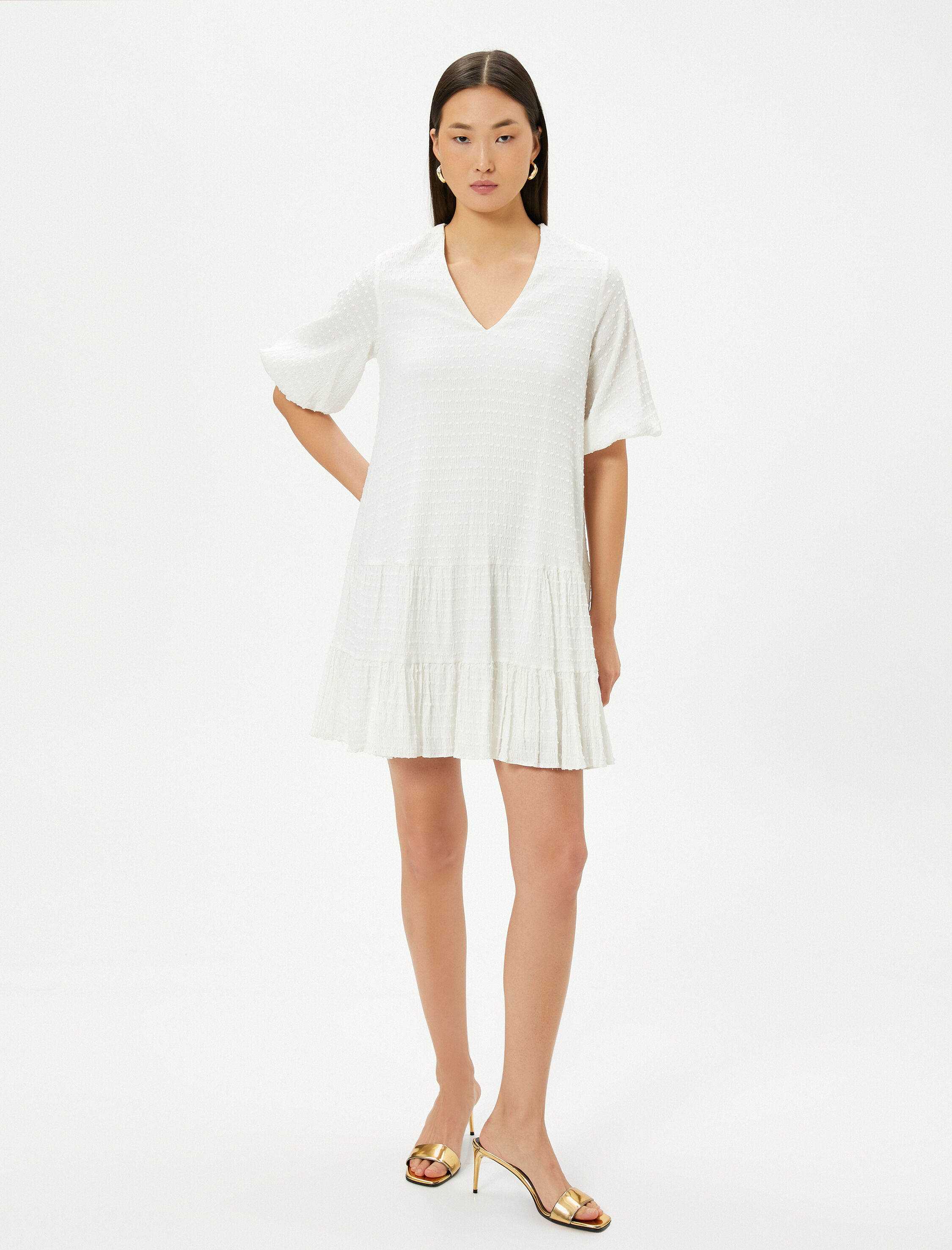   Balon Kol Elbise Mini V Yaka Volanlı Dokulu