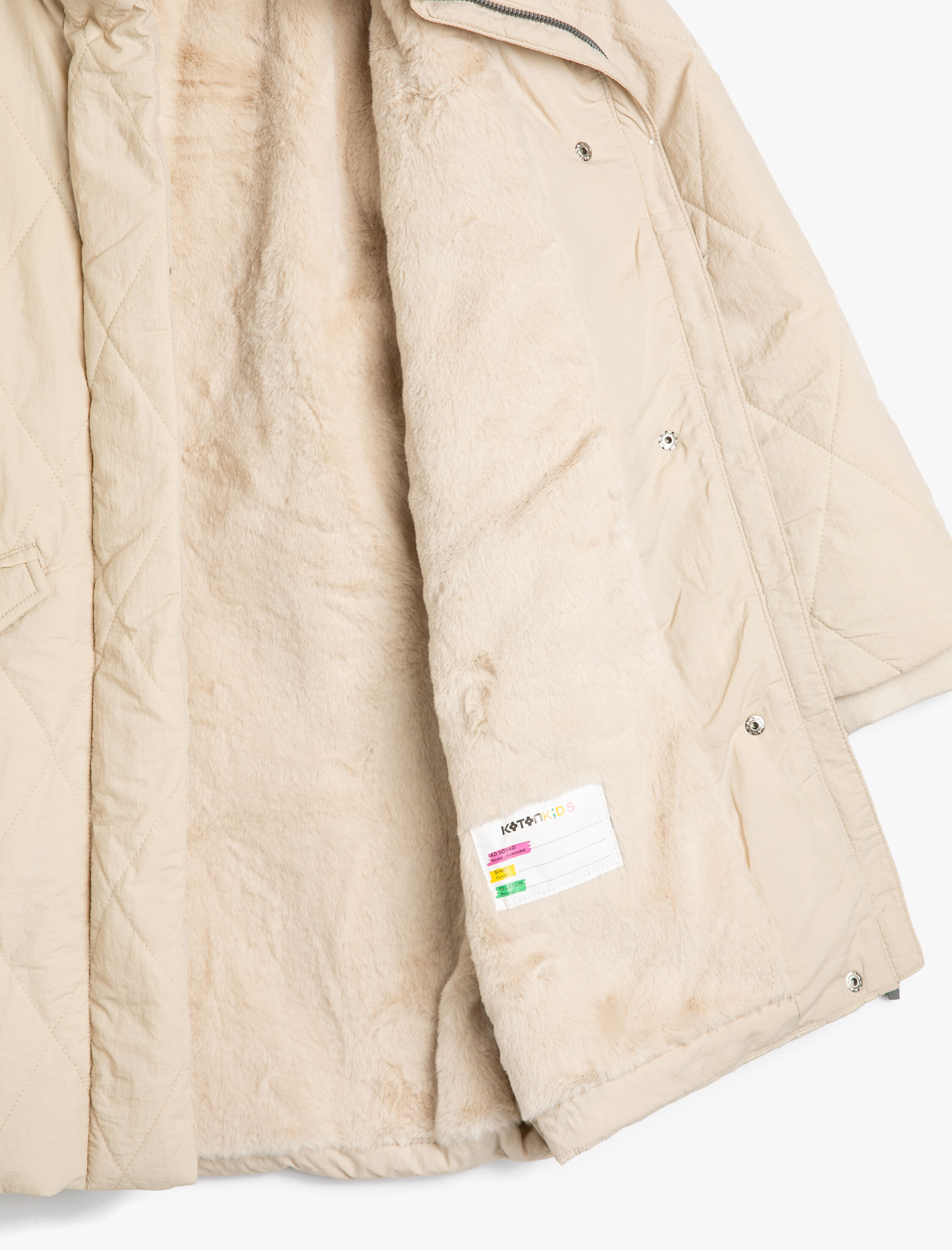  Kız Çocuk Oversize Uzun Kaban Kapitone Suni Kürk Detaylı Kapüşonlu İçi Peluş Astarlı Kapaklı Cepli Fermuarlı