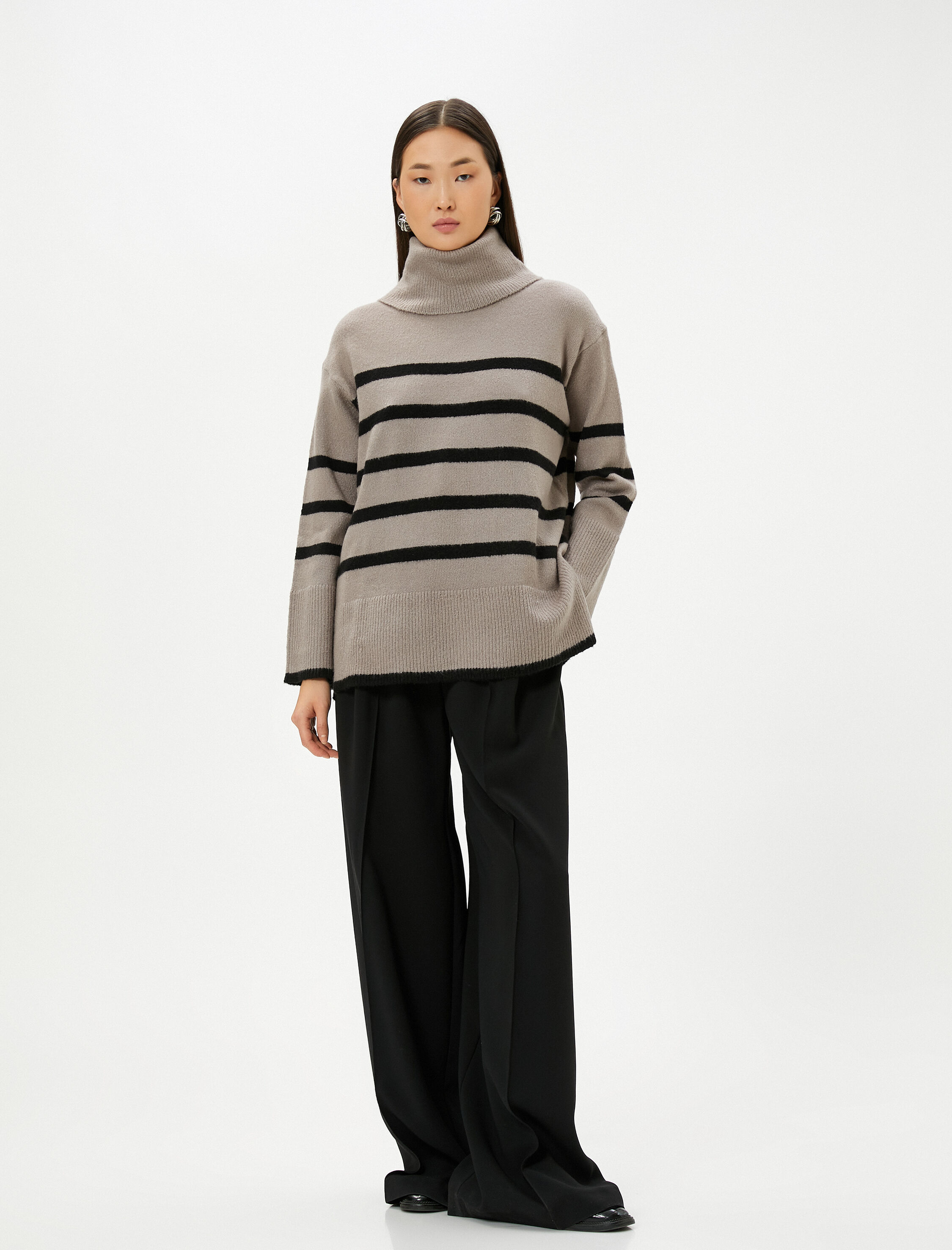   Oversize Boğazlı Kazak Triko Uzun Kollu Ribanalı