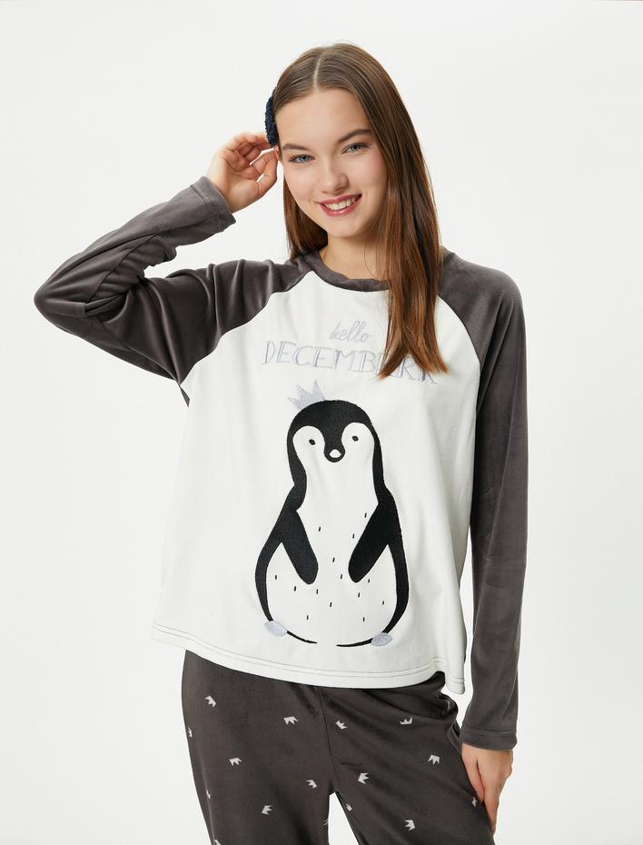  Polar Pijama Üstü Penguen Nakışlı Bisiklet Yaka Reglan Kol