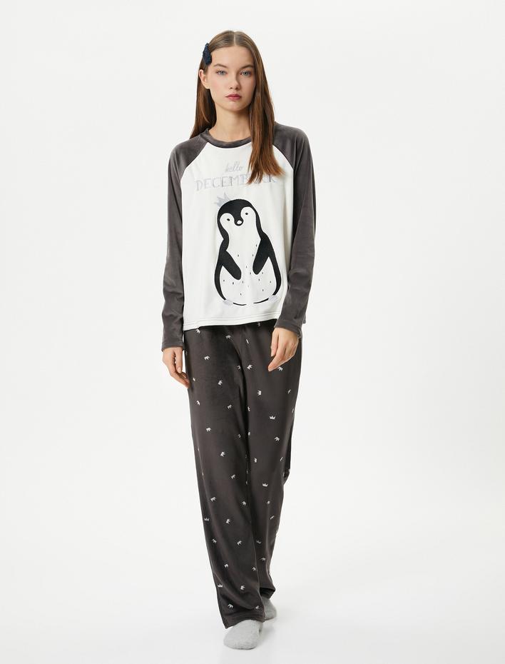  Polar Pijama Üstü Penguen Nakışlı Bisiklet Yaka Reglan Kol