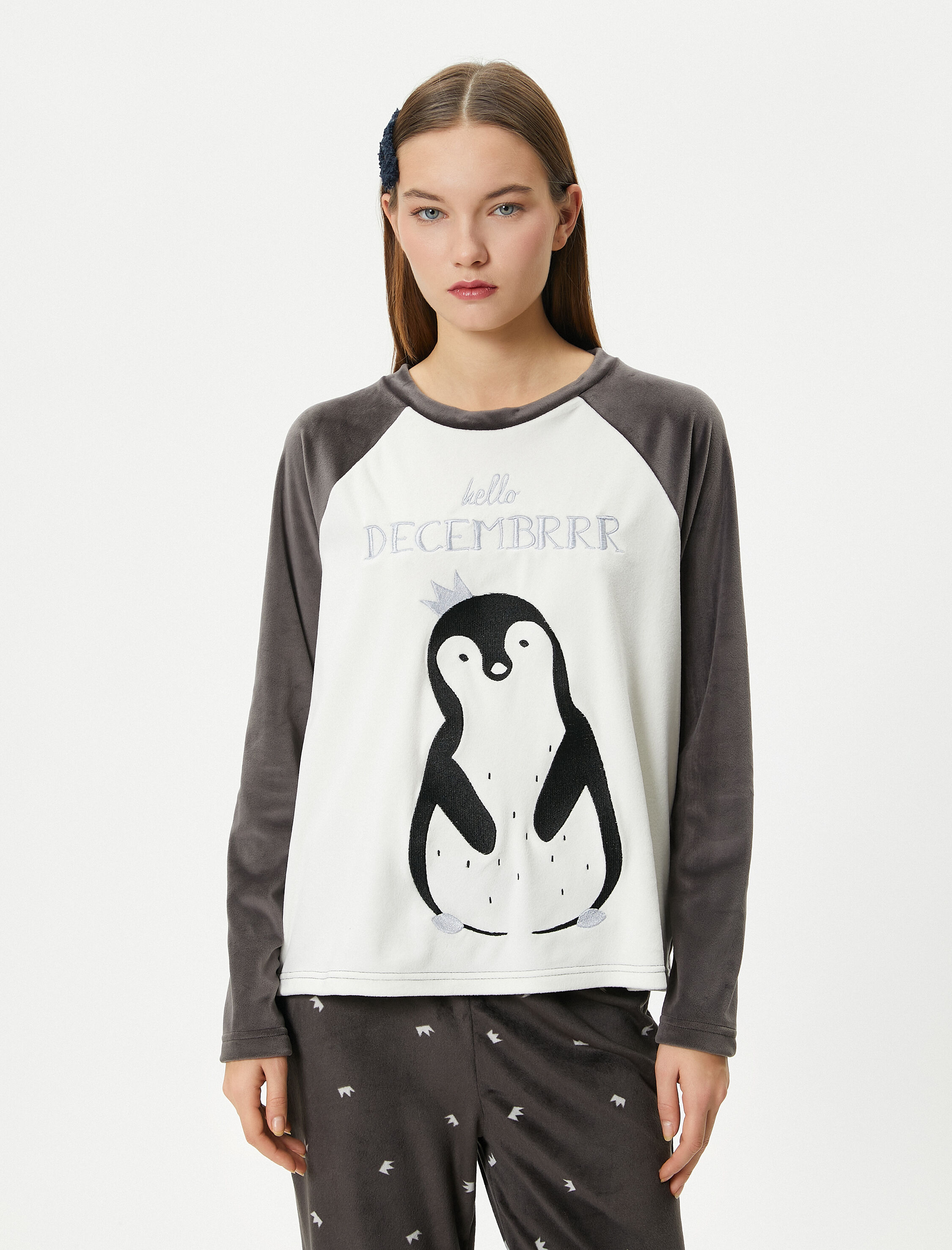   Polar Pijama Üstü Penguen Nakışlı Bisiklet Yaka Reglan Kol