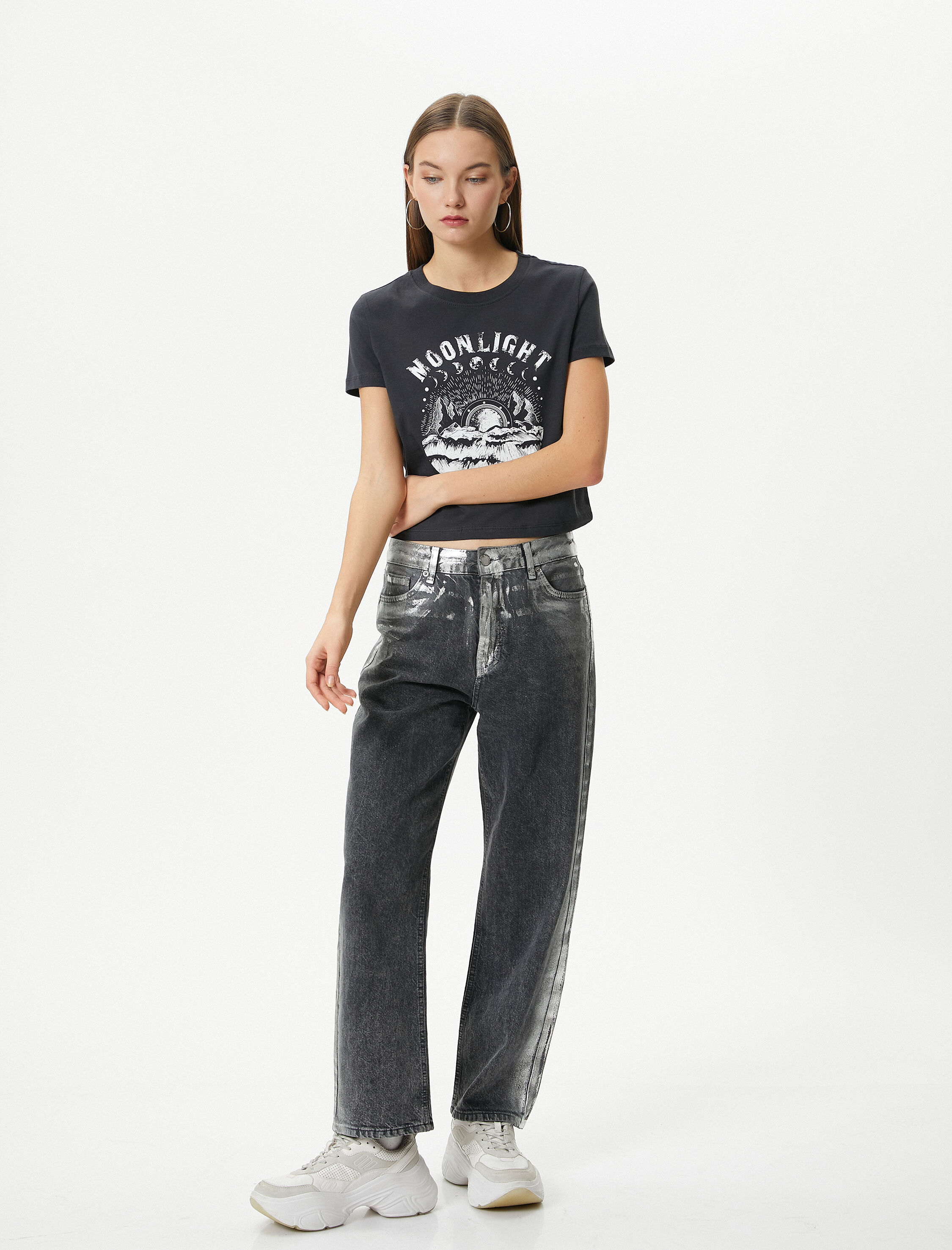   Baskılı Crop Tişört Kısa Kollu Bisiklet Yaka Rahat Kalıp