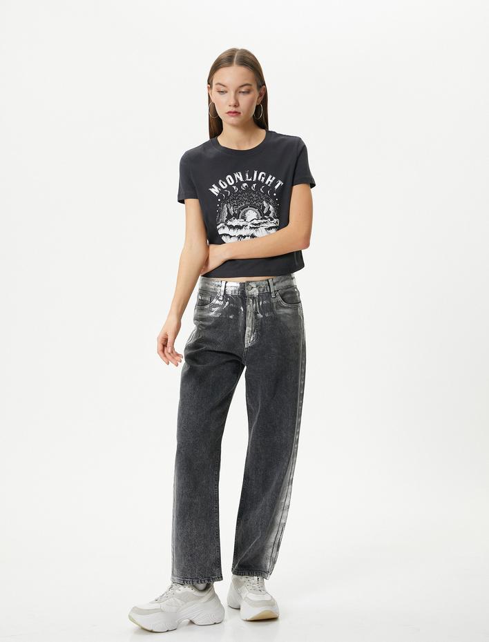  Baskılı Crop Tişört Kısa Kollu Bisiklet Yaka Rahat Kalıp