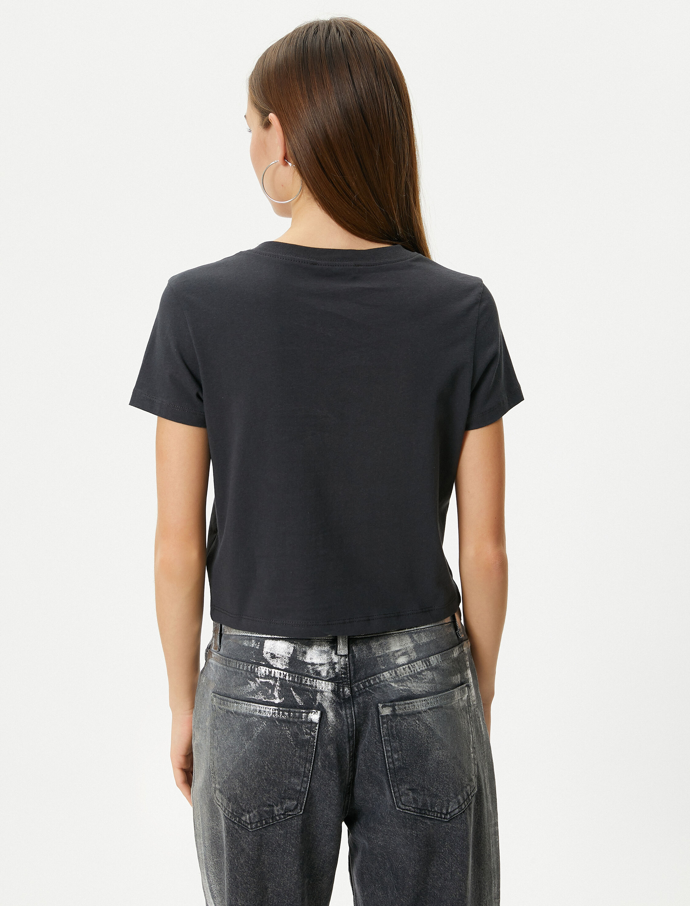   Baskılı Crop Tişört Kısa Kollu Bisiklet Yaka Rahat Kalıp