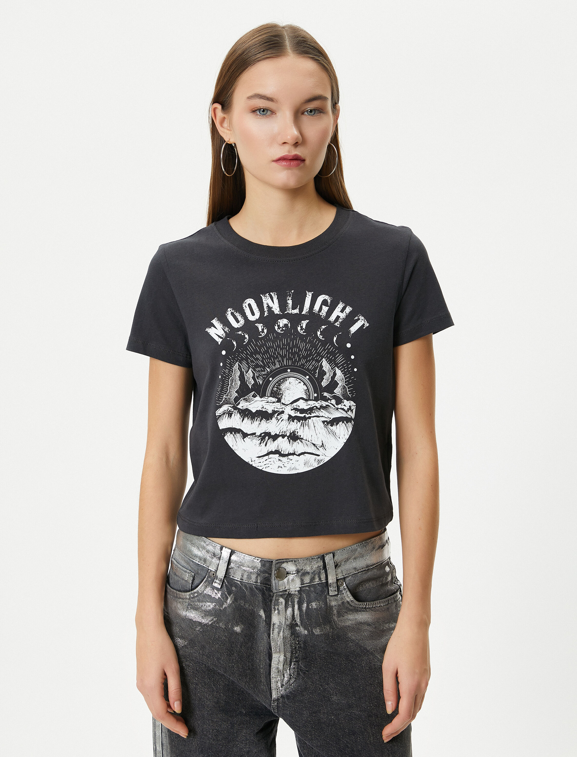   Baskılı Crop Tişört Kısa Kollu Bisiklet Yaka Rahat Kalıp